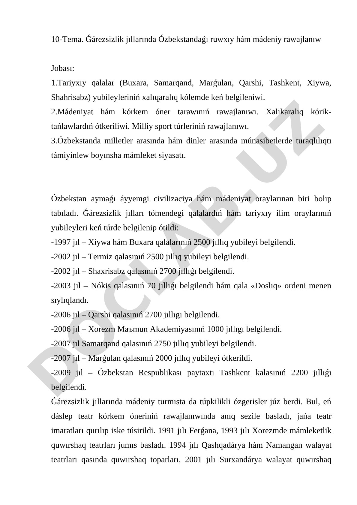 Ǵárezsizlik jıllarında Ózbekstandaǵı ruwxıy hám mádeniy rawajlanıw