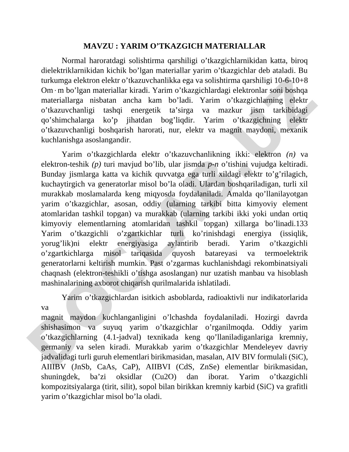 YARIM O’TKAZGICH MATERIALLAR
