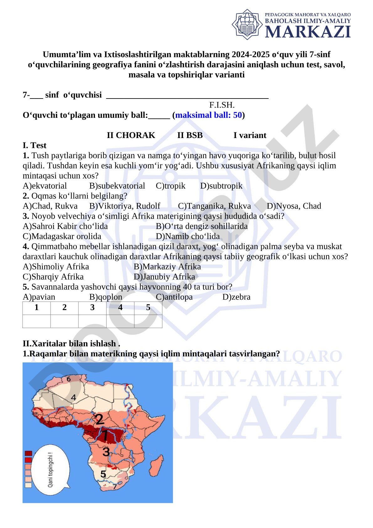7-sinf geografiya fanini o'zlashtirish darajasini aniqlash testi