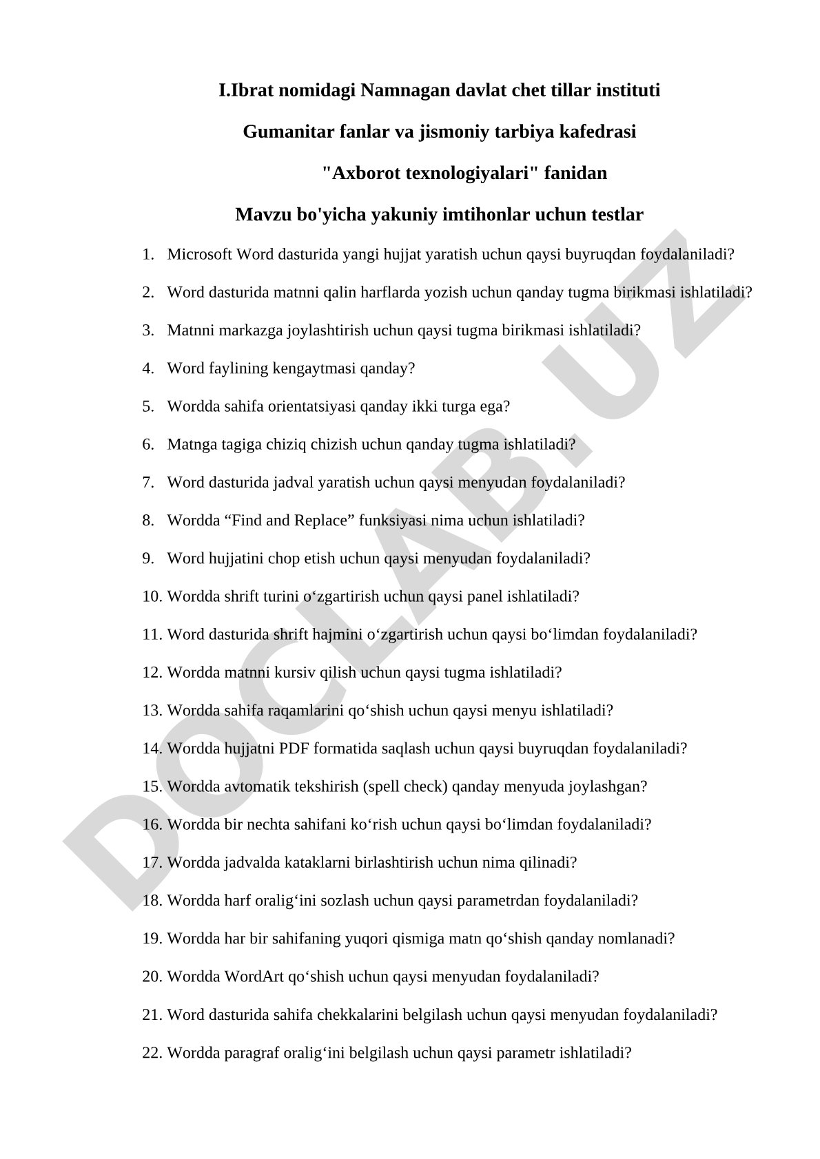 Axborot texnologiyalari fanidan Mavzu bo'yicha yakuniy imtihonlar uchun testlar