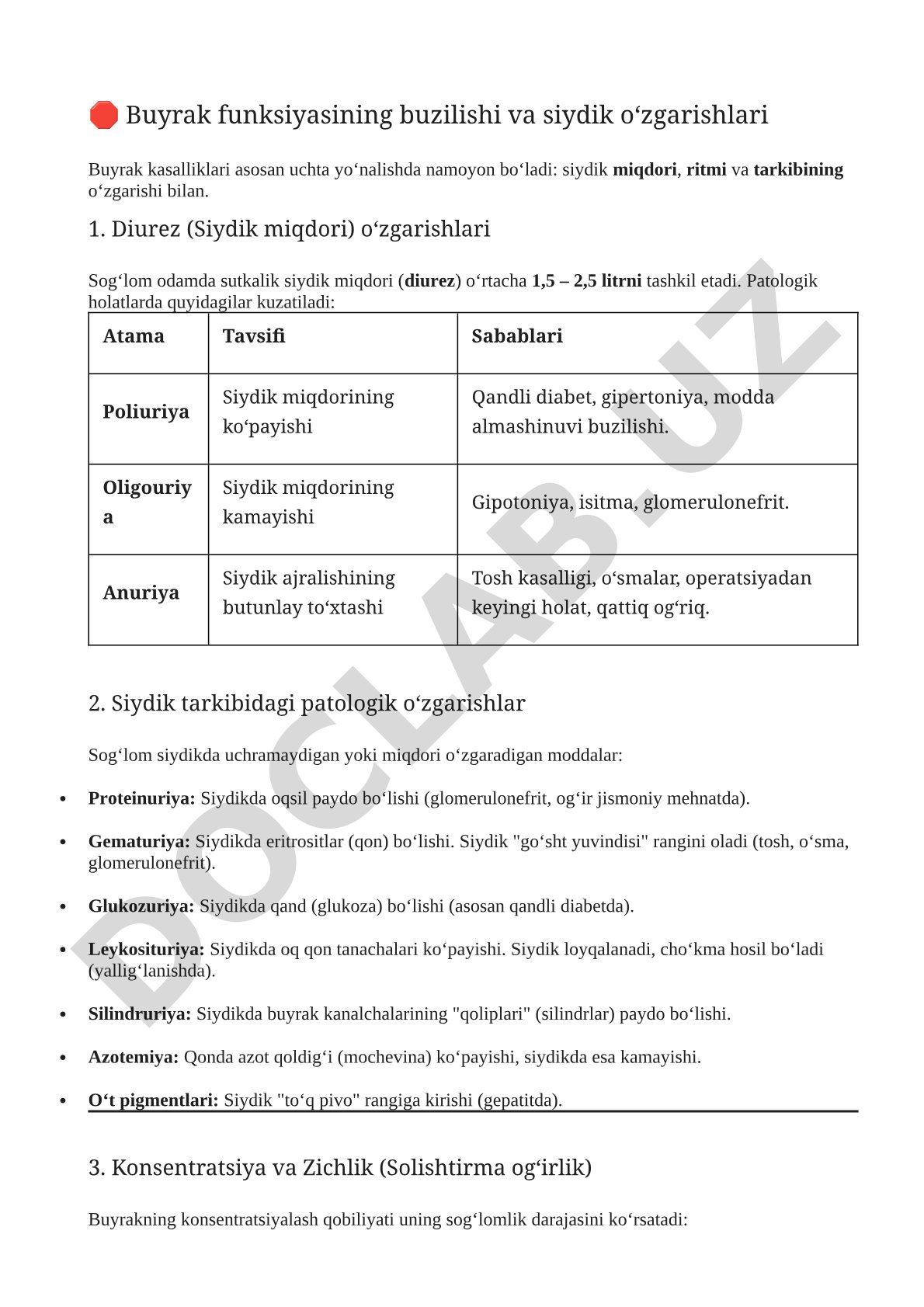 Buyrak funksiyasining buzilishi va siydik o‘zgarishlari