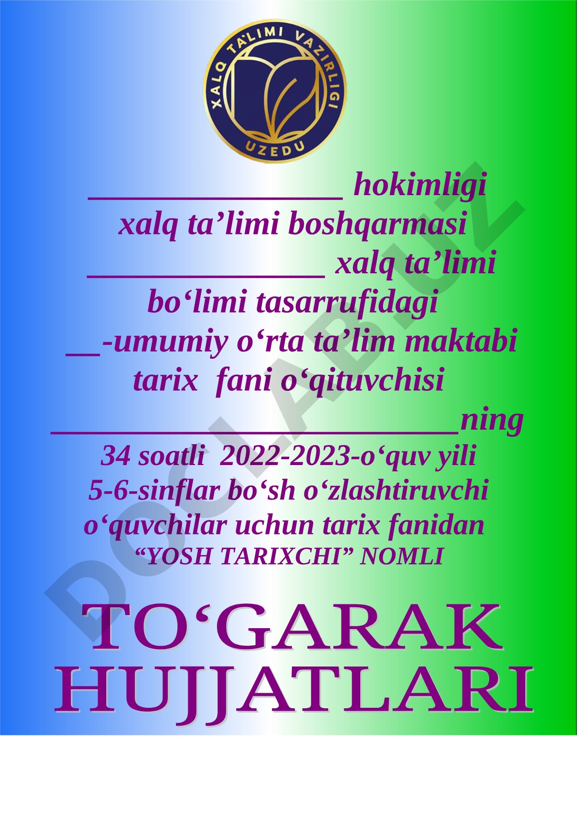 Yosh tarixchi to‘garagi ish rejasi