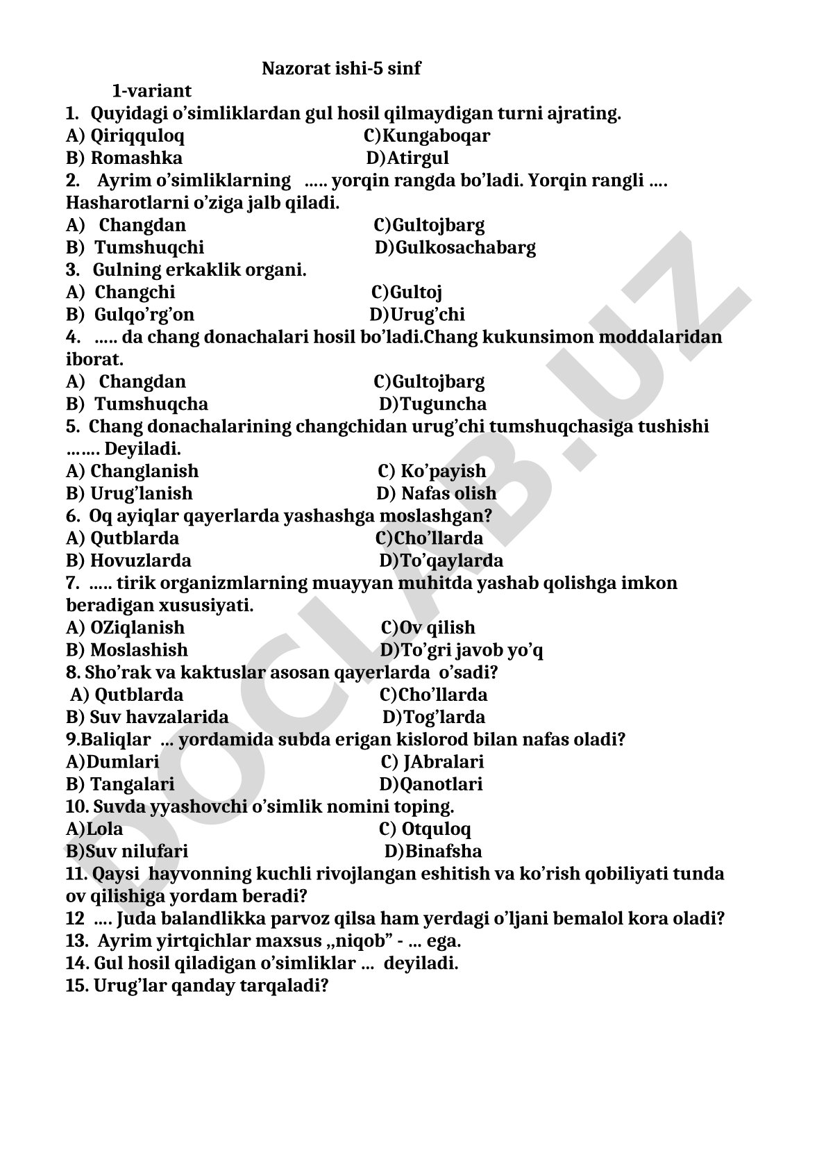 5-sinf biologiya nazorat ishi