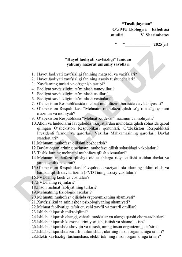 Hayot faoliyati xavfsizligi fanidan yakuniy nazorat umumiy savollari