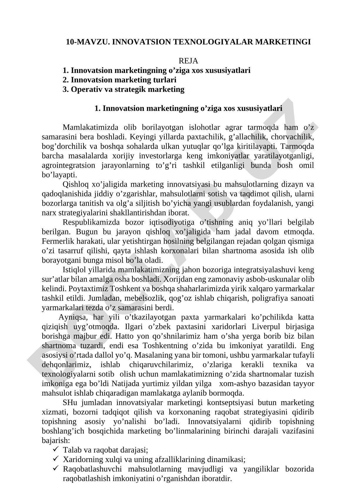 Innovatsion marketing, uning turlari, operativ va strategik marketing haqida