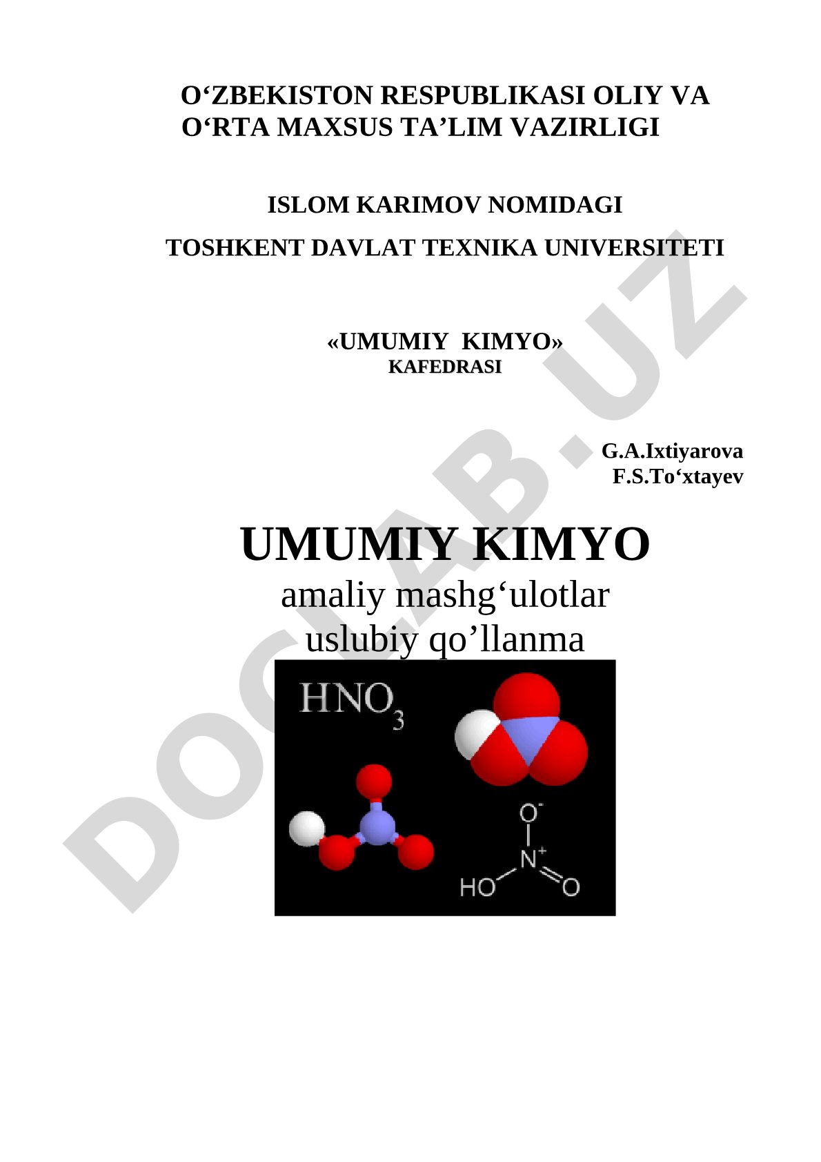 Umumiy kimyo amaliy mashg'ulotlar uslubiy qo'llanma