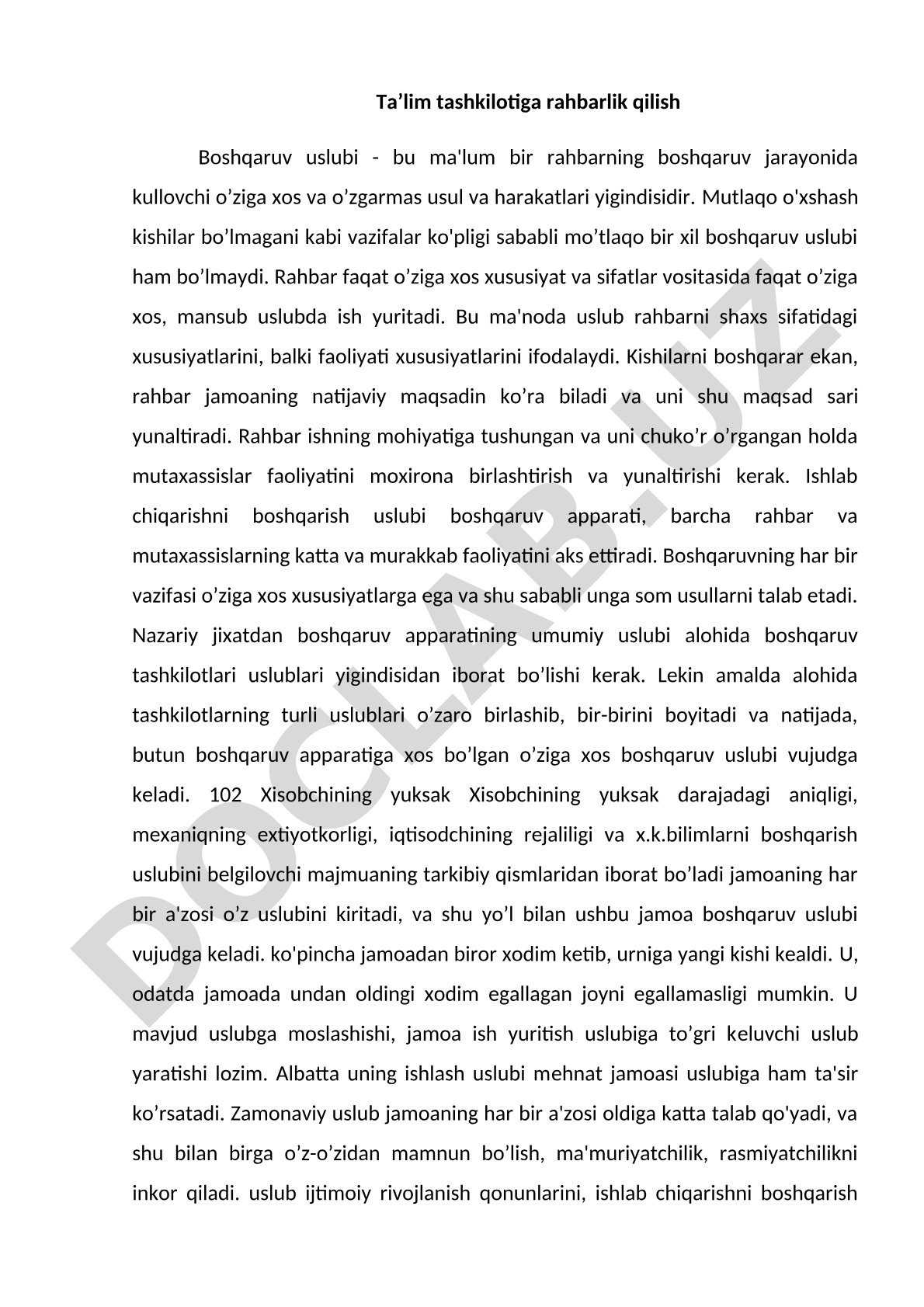 Ta'lim tashkilotiga rahbarlik qilishda boshqaruv uslubi