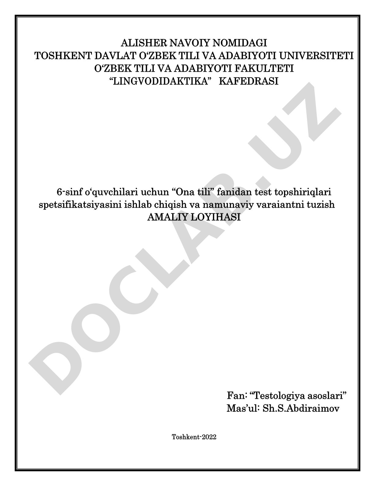 6-sinf o'quvchilari uchun 'Ona tili' fanidan test topshiriqlari spetsifikatsiyasini ishlab chiqish