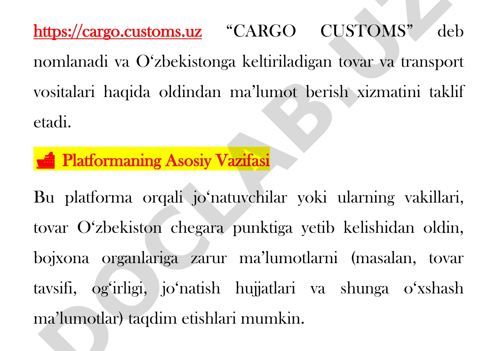 Cargo Customs oldindan ma'lumot berish xizmati