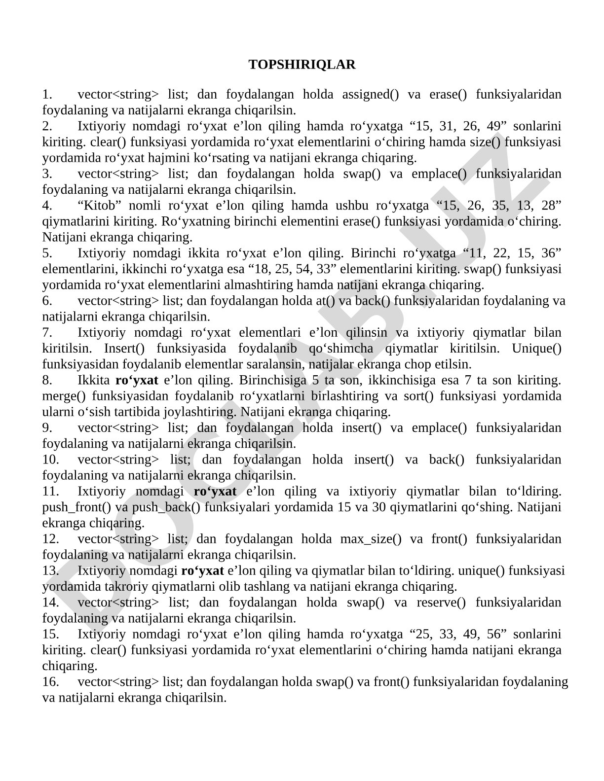vector<string> list funksiyalari bilan ishlash