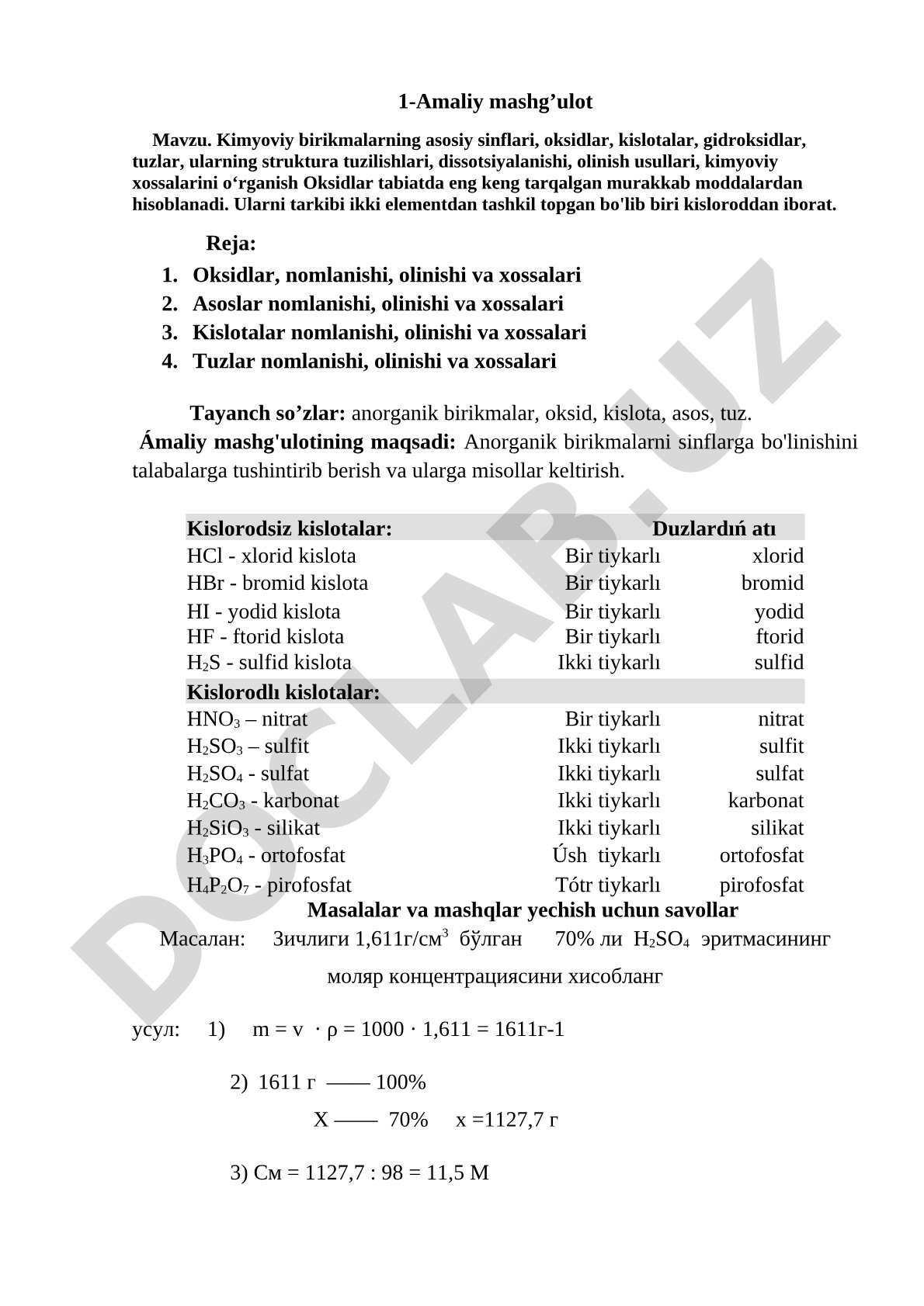 Kimyoviy birikmalarning asosiy sinflari, oksidlar, kislotalar, gidroksidlar, tuzlar, ularning struktura tuzilishlari, dissotsiyalanishi, olinish usullari, kimyoviy xossalarini o‘rganish