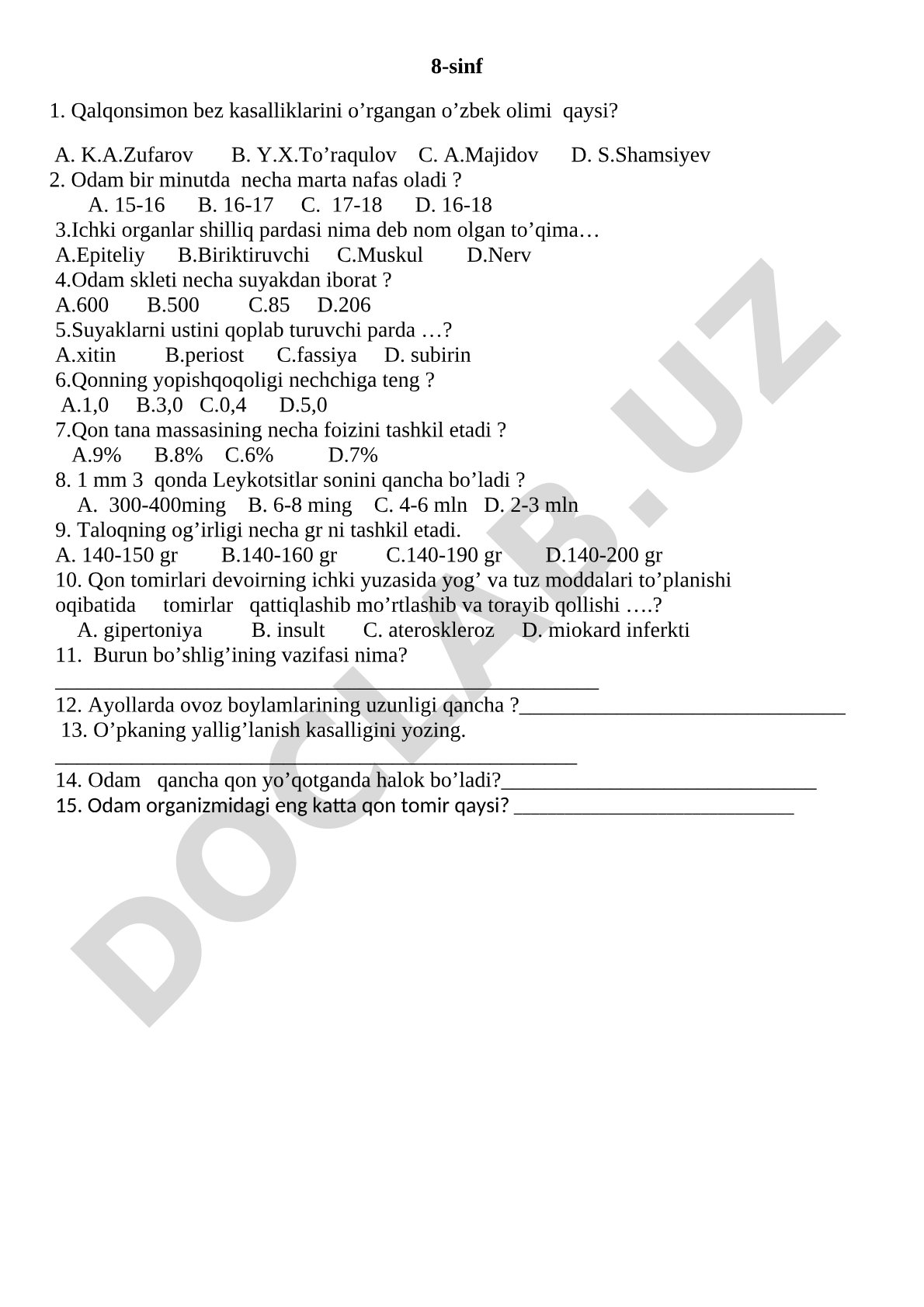 8-sinf biologiya fanidan test savollari