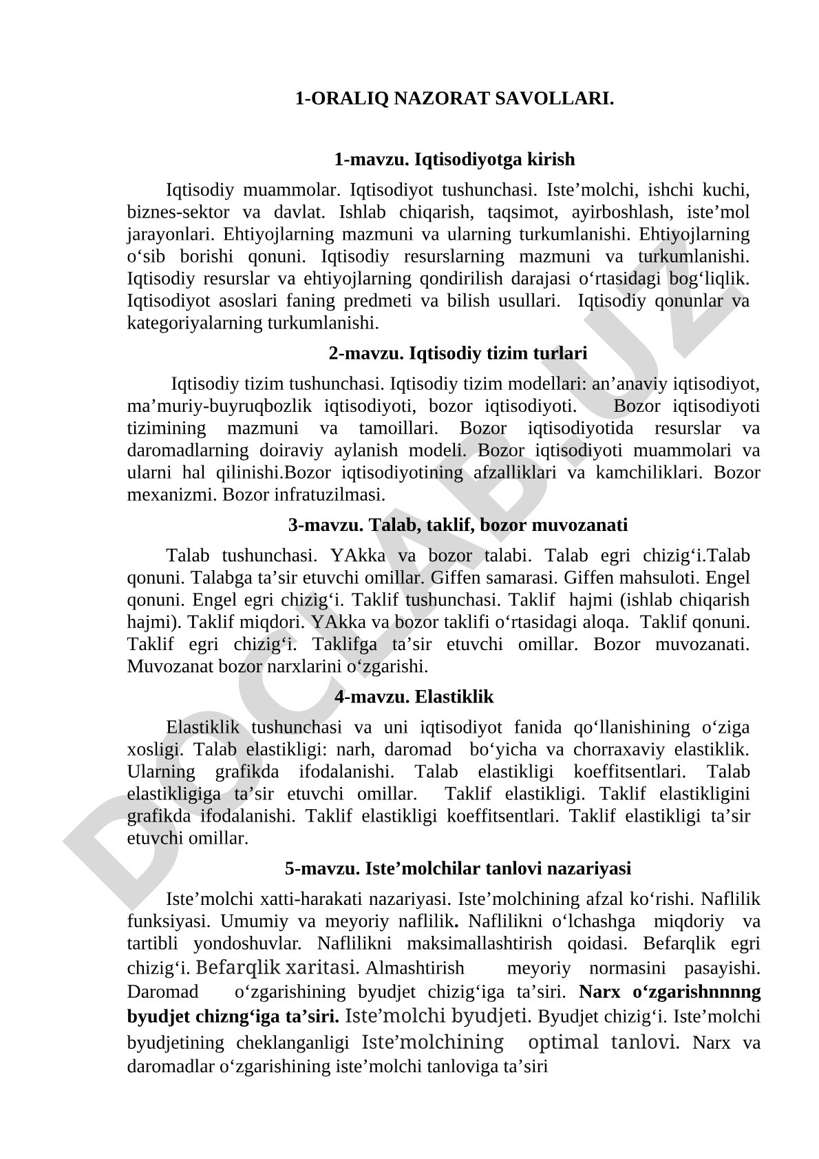 Iqtisodiyotga kirish, iqtisodiy tizim, talab va taklif mavzulari bo'yicha savollar