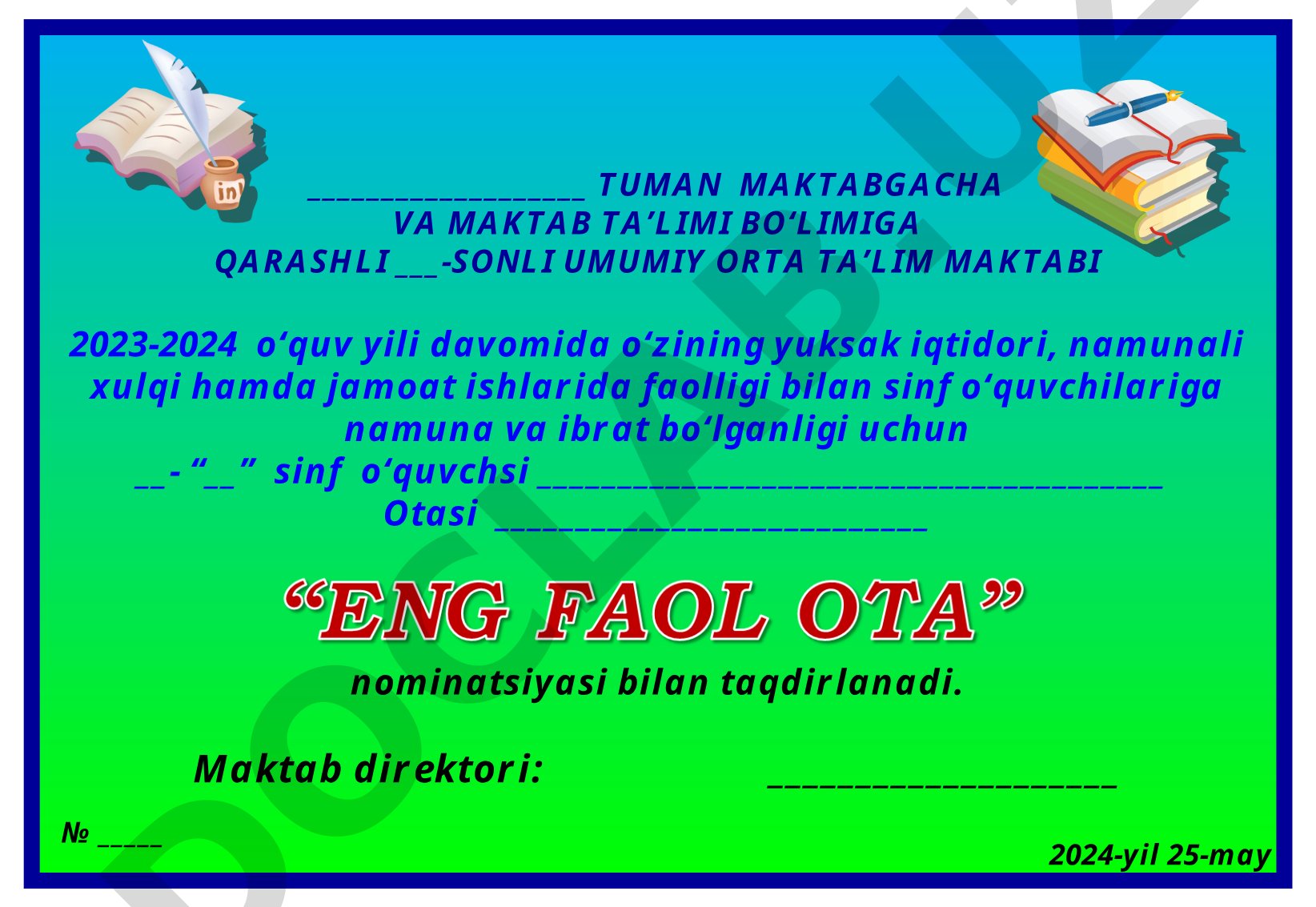 O'quvchilarni taqdirlash sertifikati