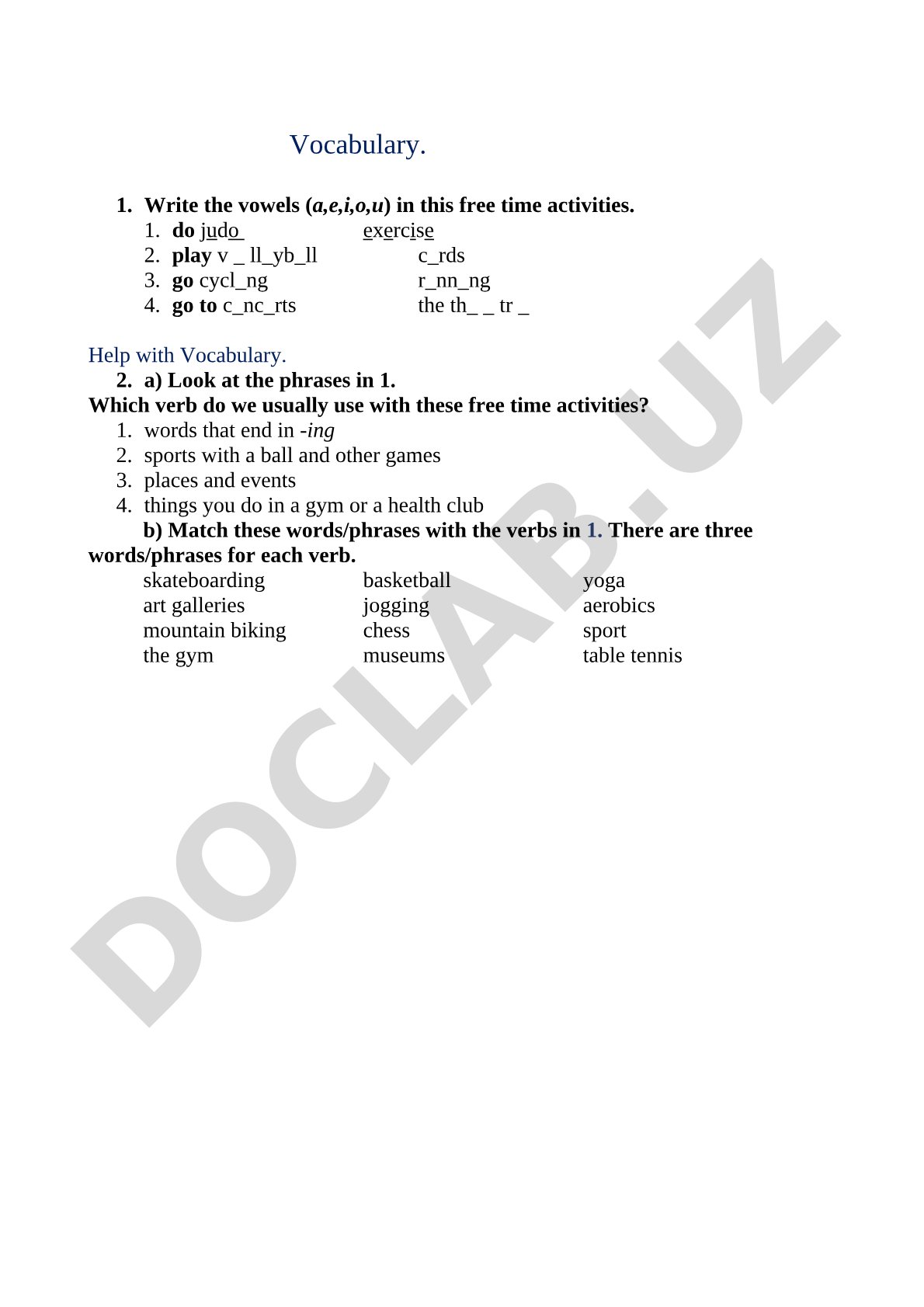 Free time activities vocabulary with do play go verbs