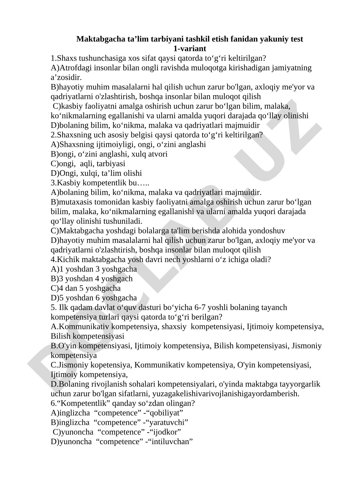 Maktabgacha ta’lim tarbiyani tashkil etish fanidan yakuniy test 1-variant