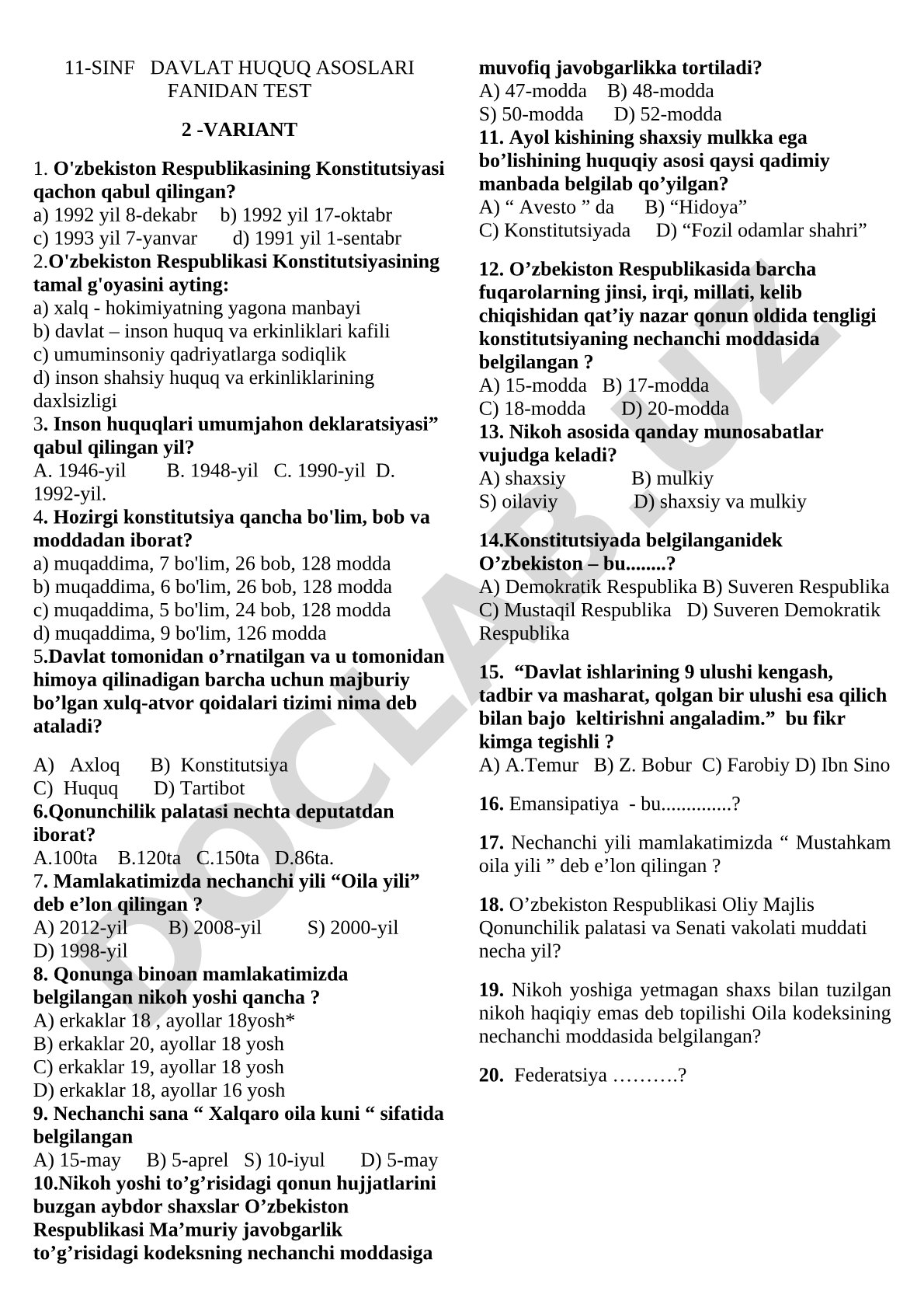 Davlat huquq asoslari fanidan 11-sinf test 2-variant