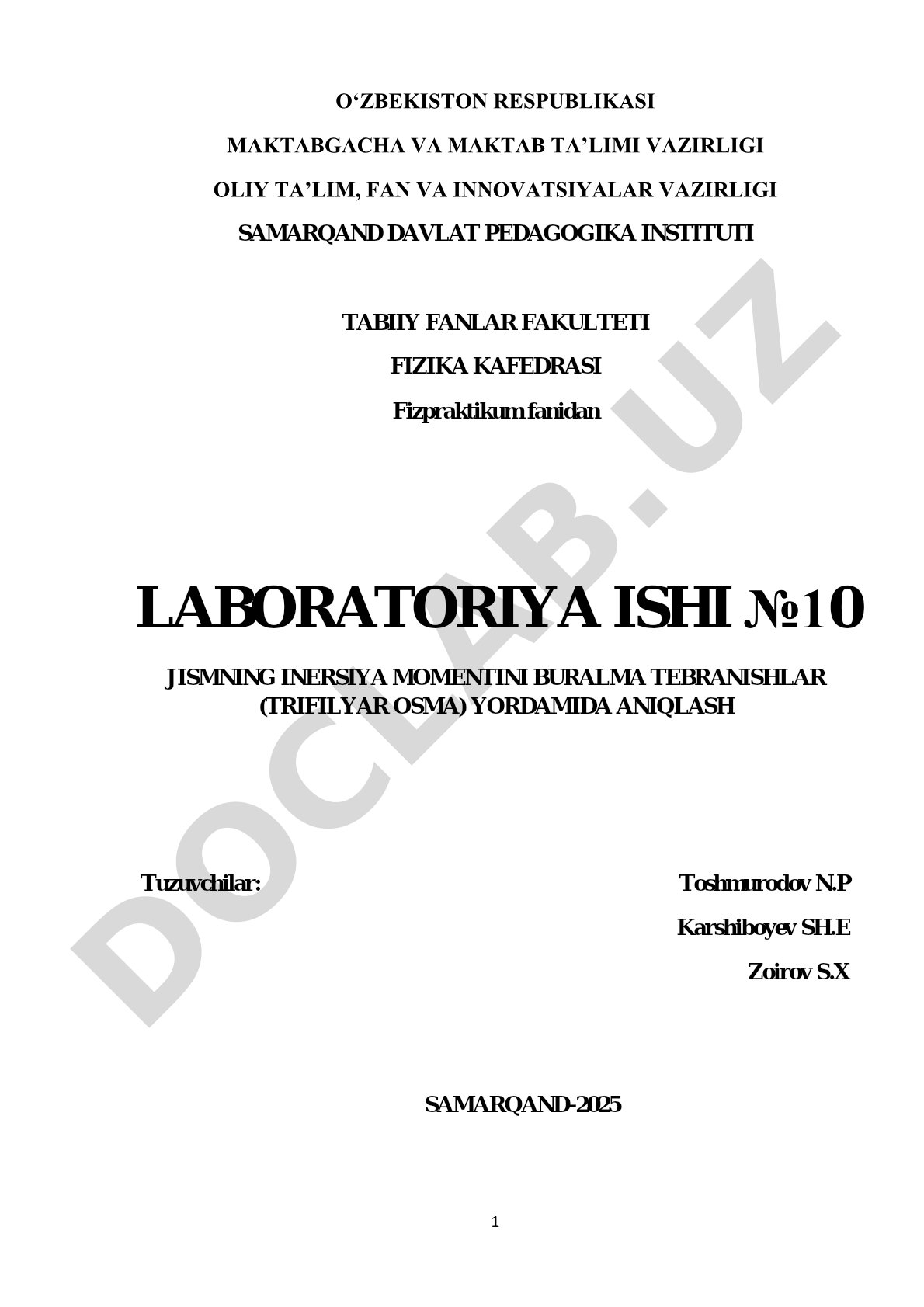 Jismning inersiya momentini buralma tebranishlar (trifilyar osma) yordamida aniqlash
