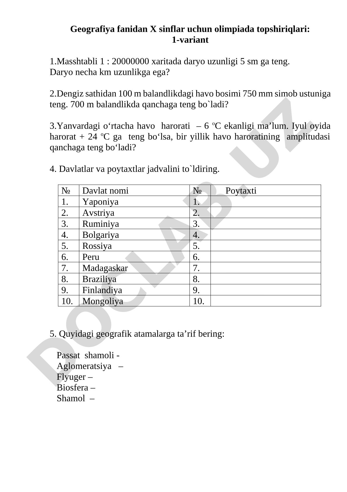 Geografiya fanidan 10-sinf olimpiada topshiriqlari