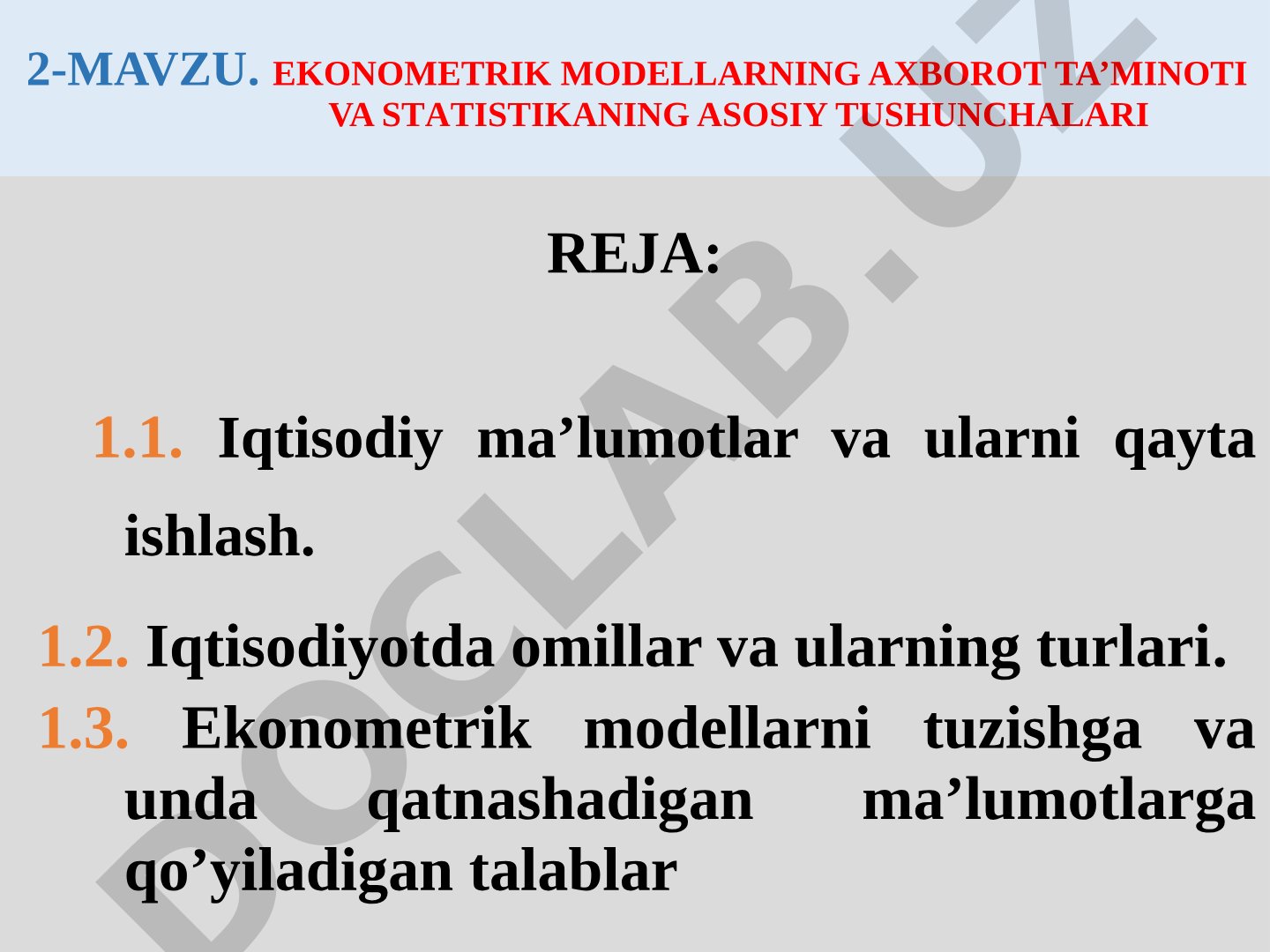 Ekonometrik modellarning axborot ta'minoti va statistikaning asosiy tushunchalari