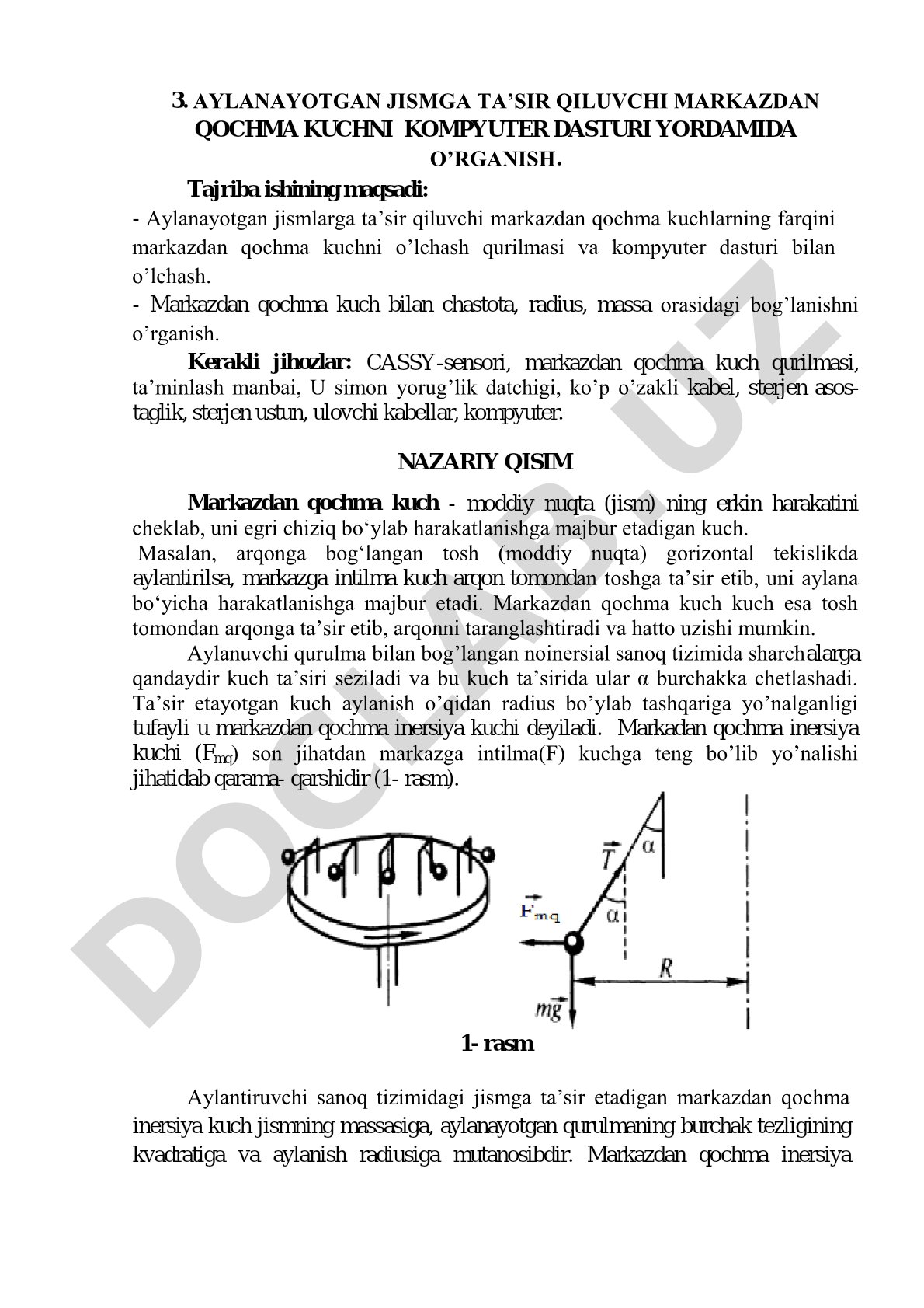 Aylanayotgan jismga ta'sir qiluvchi markazdan qochma kuchni kompyuter dasturi yordamida o'rganish