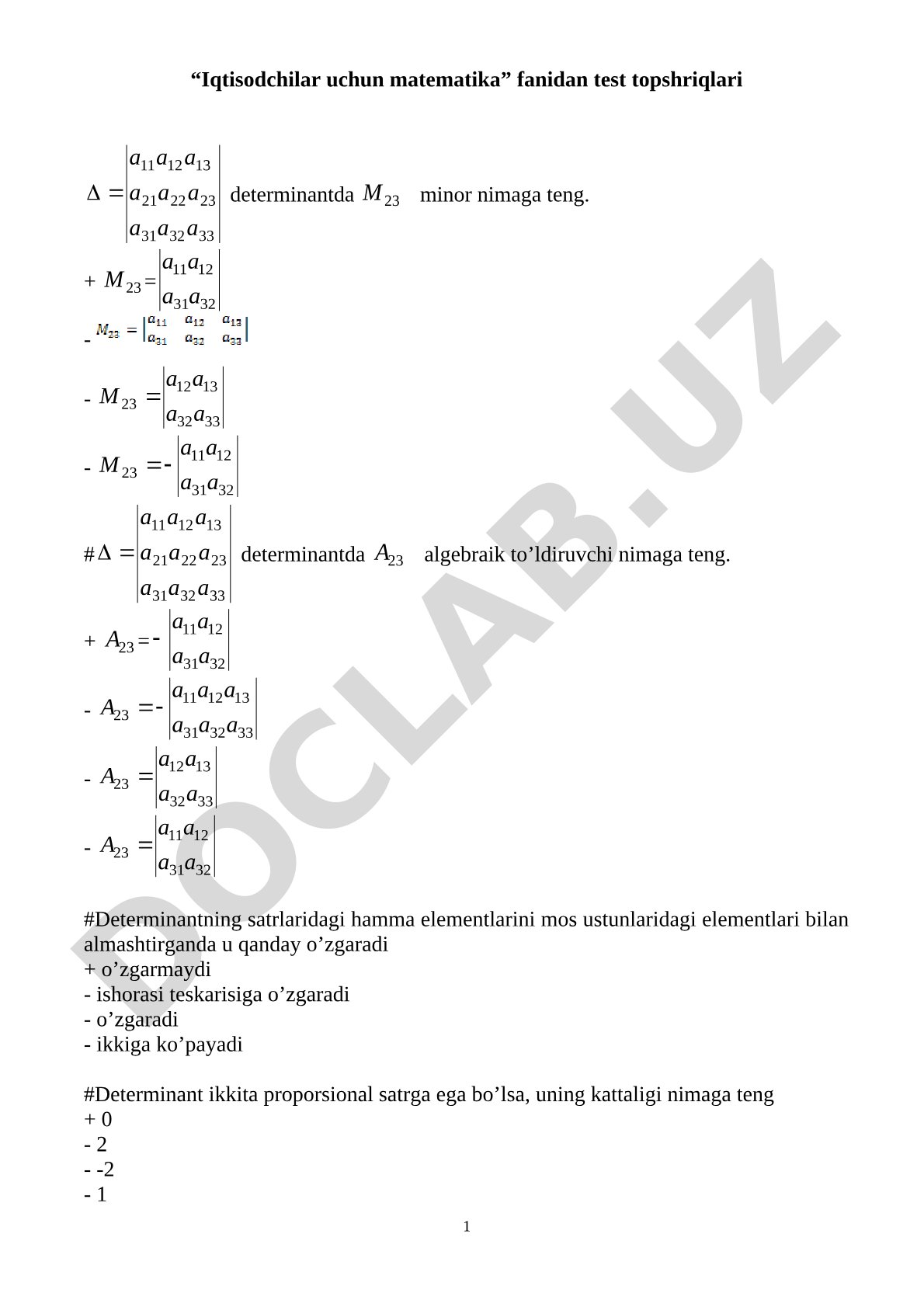 Iqtisodchilar uchun matematika fanidan test topshiriqlari