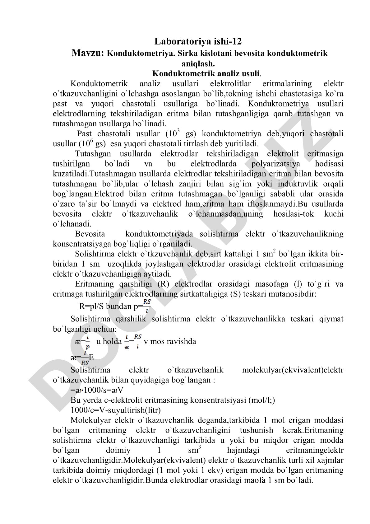Konduktometriya. Sirka kislotani bevosita konduktometrik aniqlash