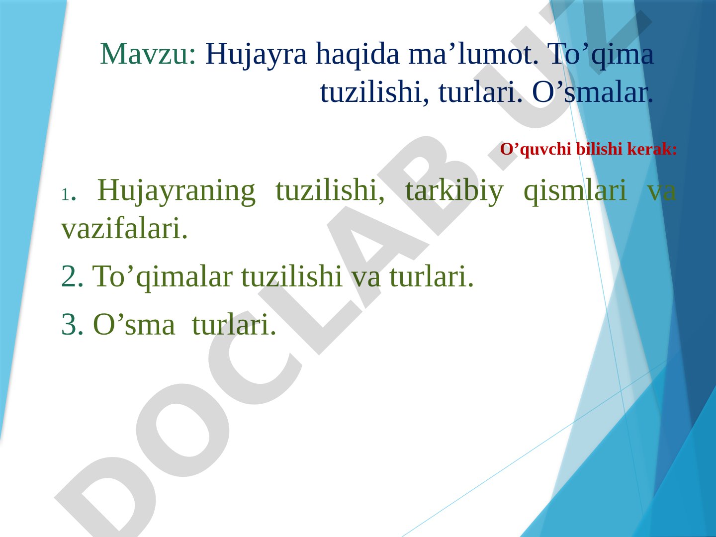Hujayra haqida ma’lumot. To’qima tuzilishi, turlari. O’smalar.