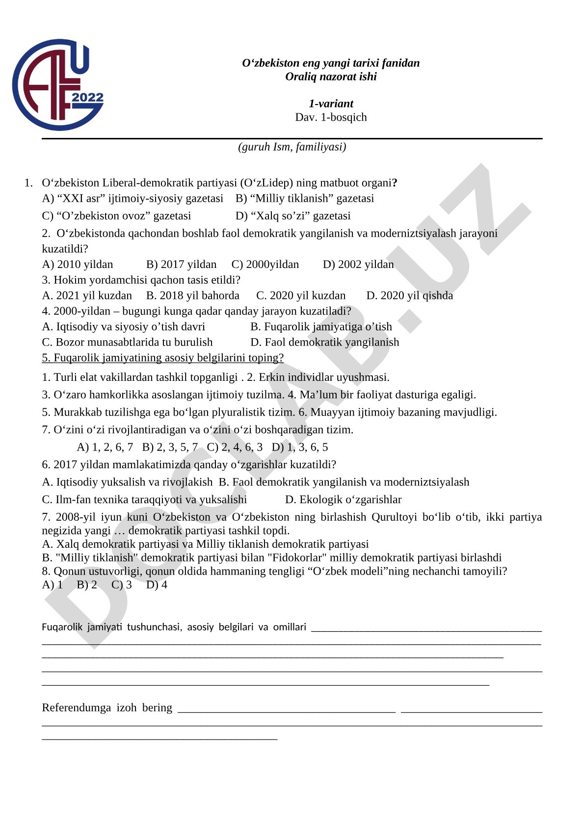 O‘zbekiston eng yangi tarixi fanidan Oraliq nazorat ishi 1-variant