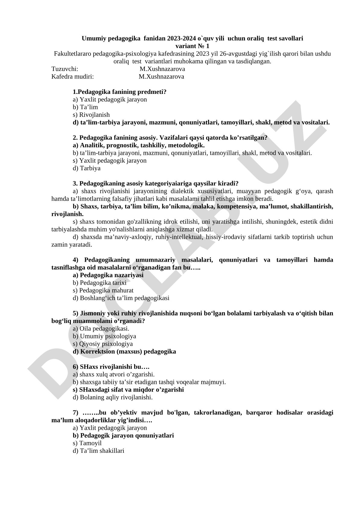 Umumiy pedagogika fanidan oraliq test savollari