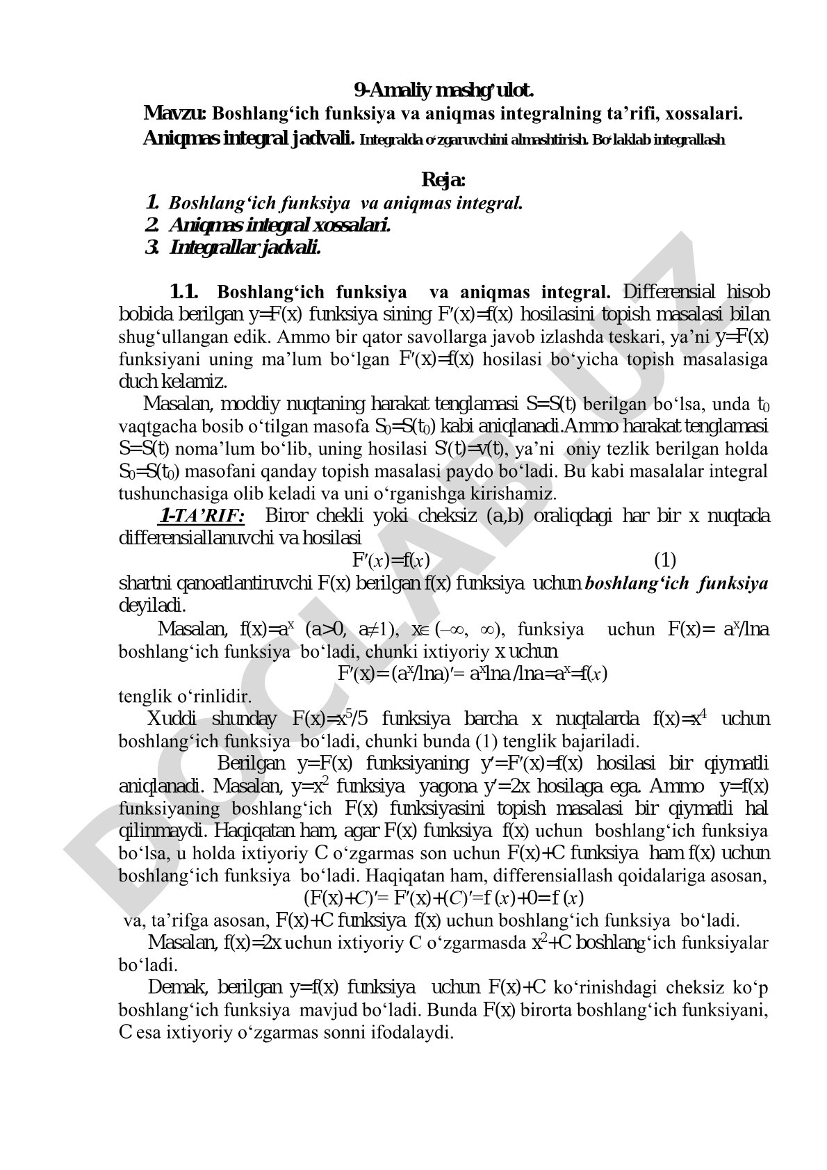 Boshlangʻich funksiya va aniqmas integralning ta’rifi, xossalari