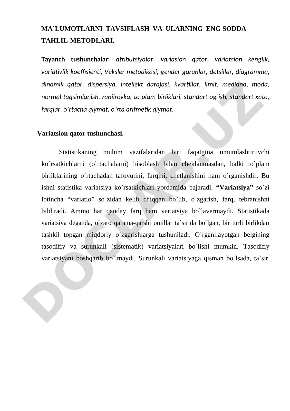 Ma`lumotlarni tavsiflash va ularning eng sodda tahlil metodlari
