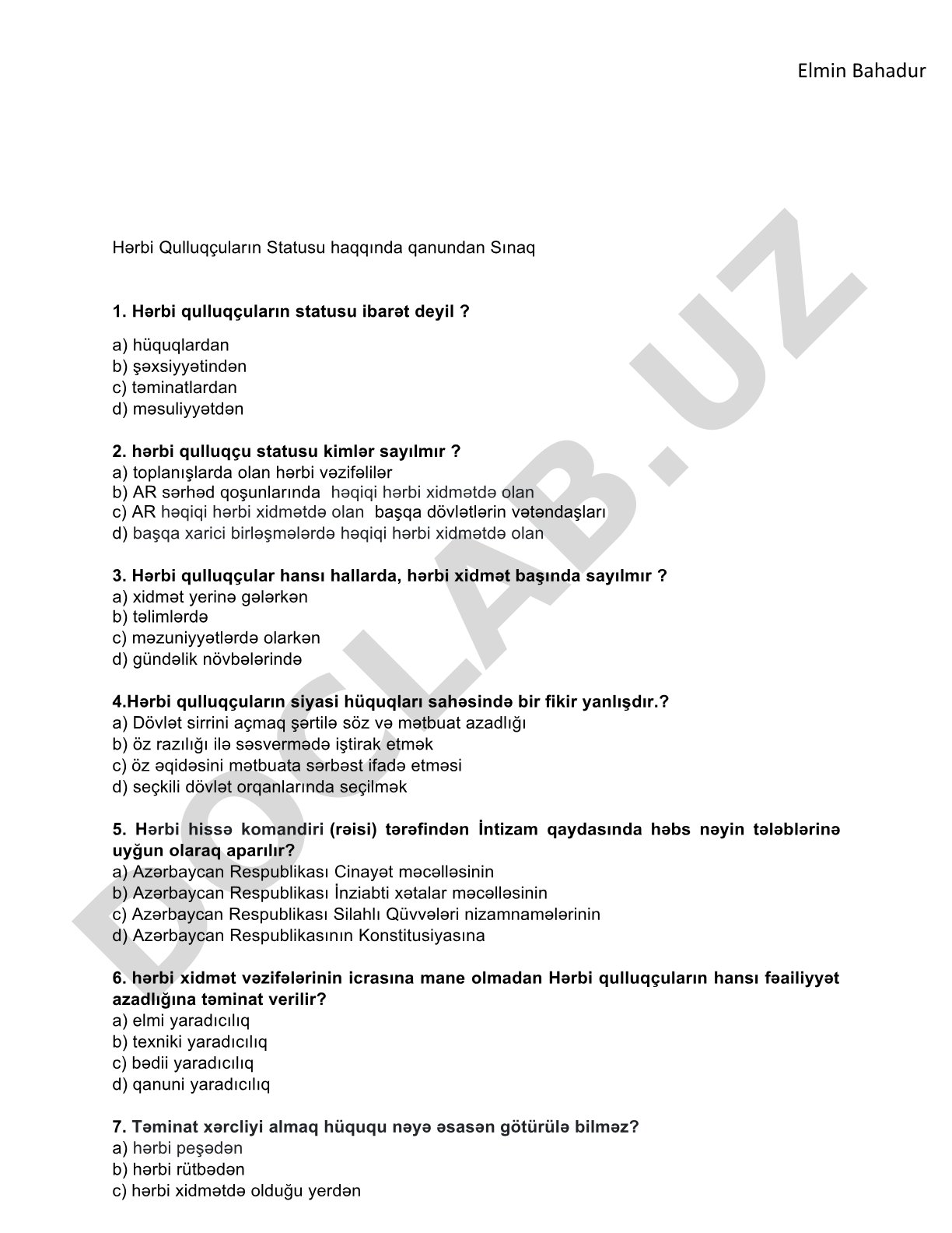 Hərbi qulluqçuların statusu haqqında qanun testi
