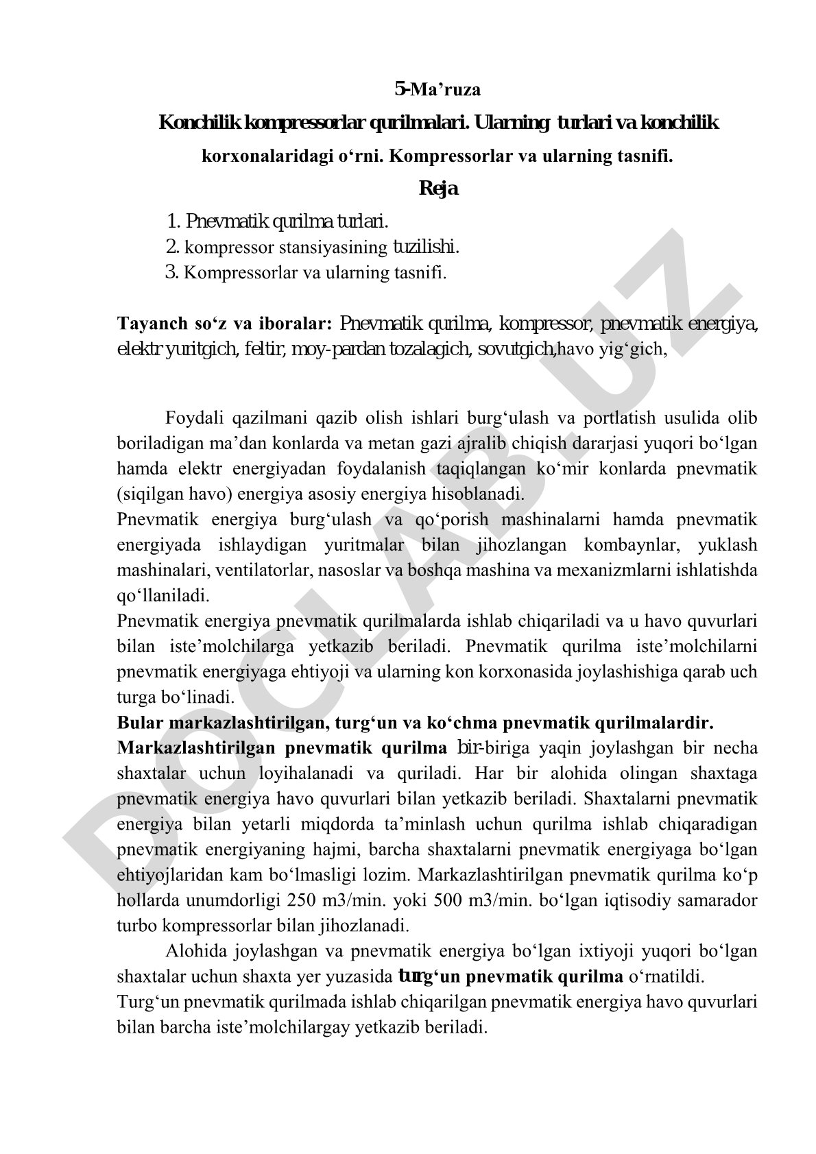 Konchilik kompressorlar qurilmalari, ularning turlari va tasnifi
