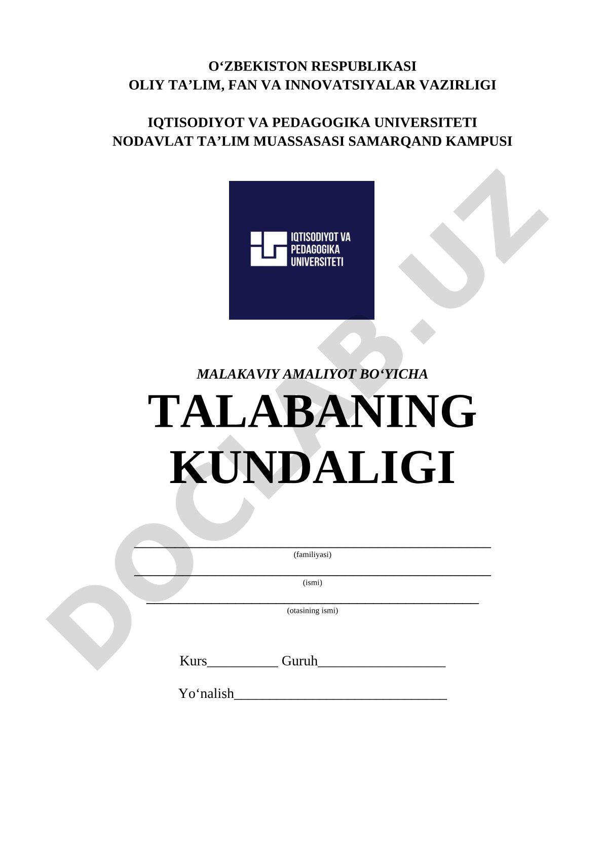 Malakaviy amaliyot bo‘yicha talabaning kundaligi