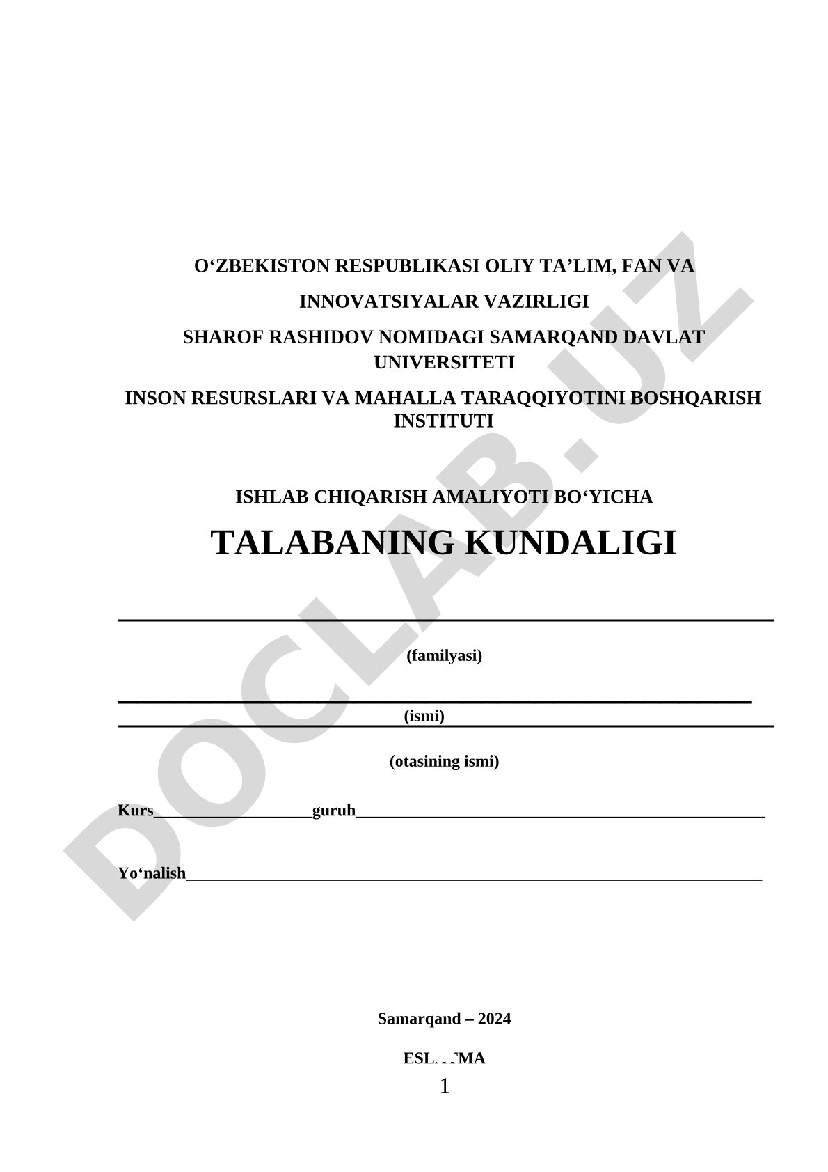 Ishlab chiqarish amaliyoti bo'yicha talaba kundaligi