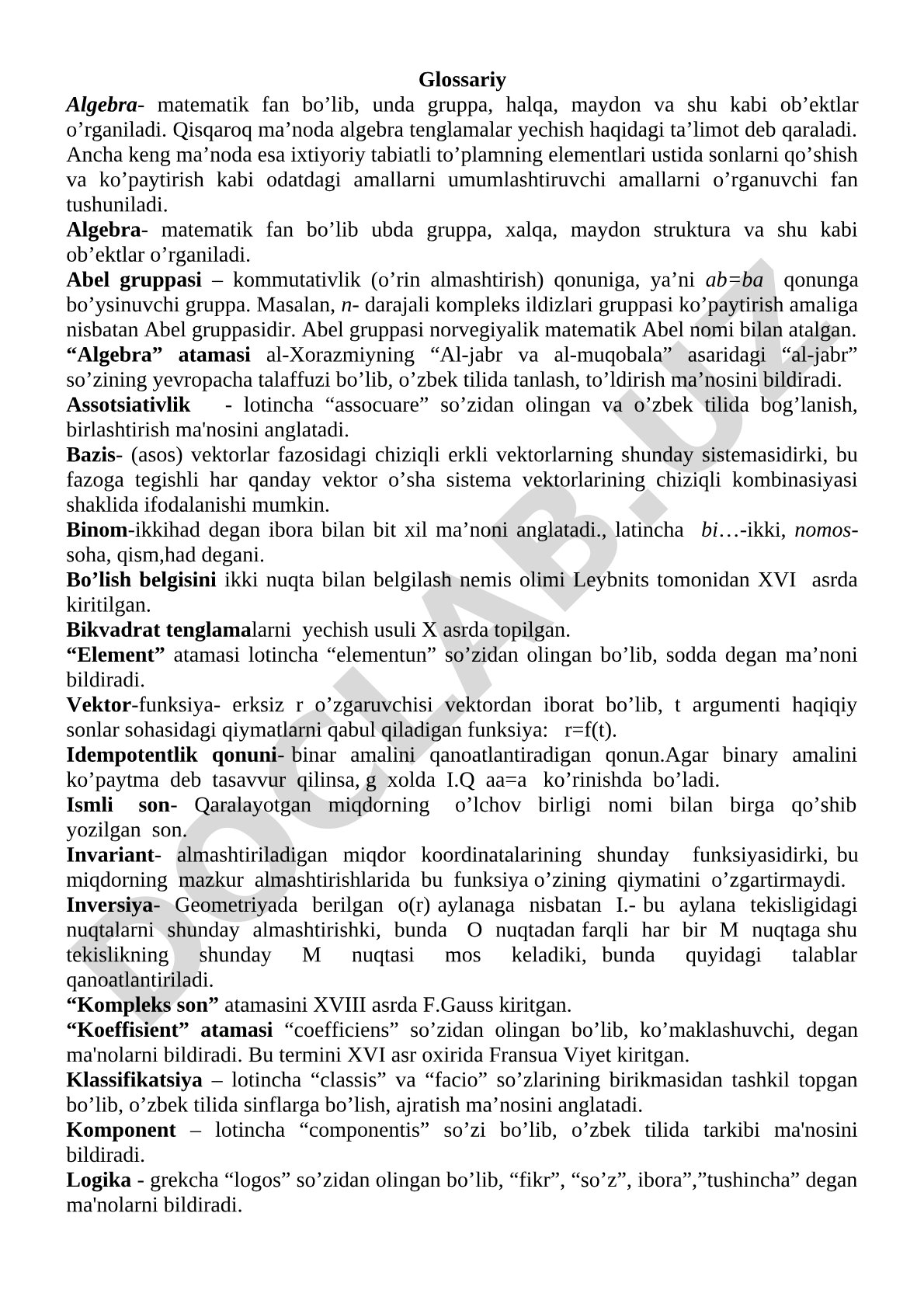 Algebra glossariysi