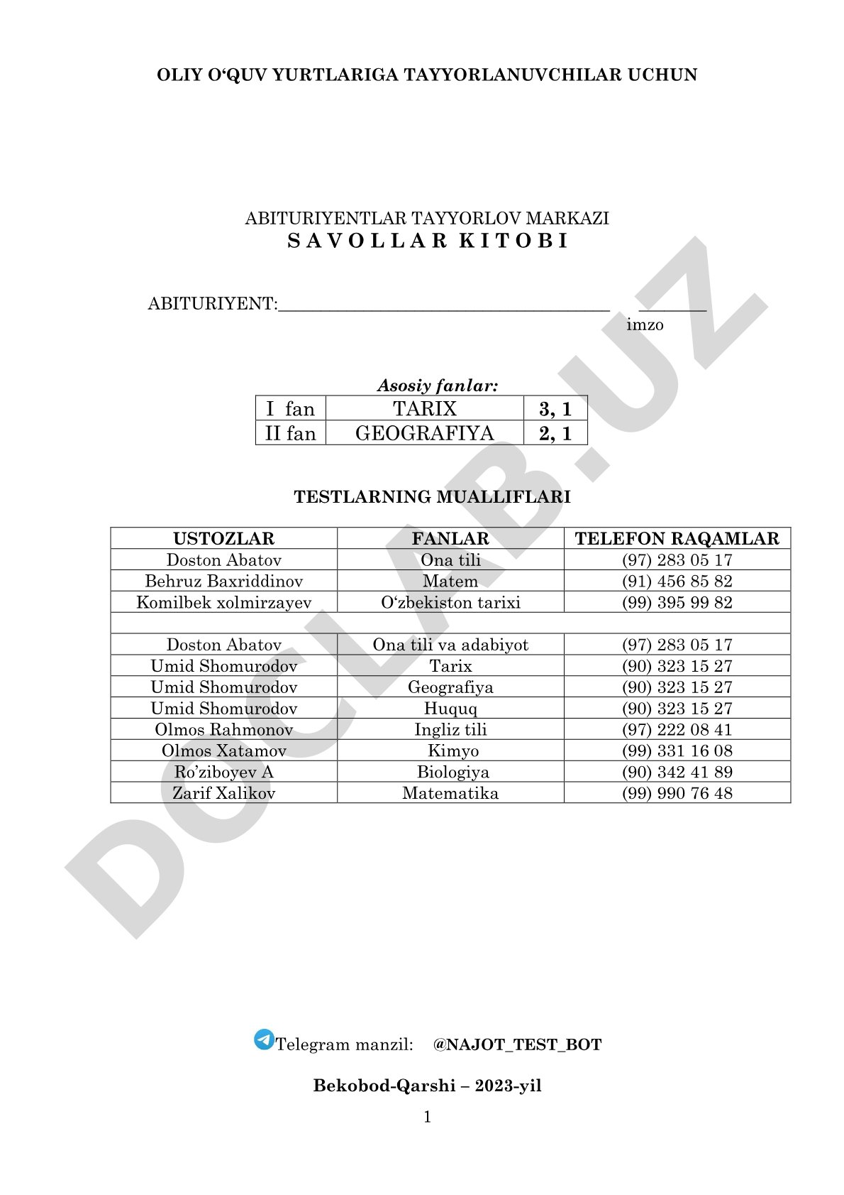 Abituriyentlar tayyorlov markazi savollar kitobi
