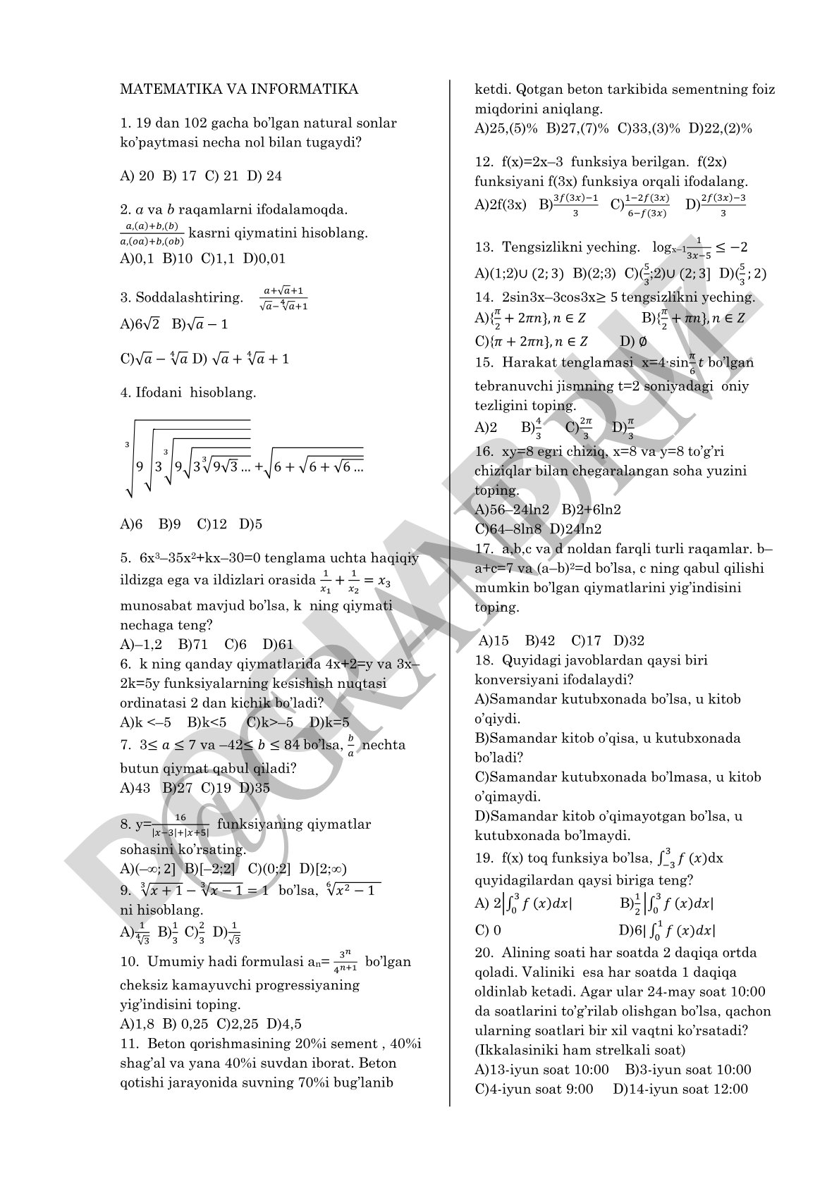 Matematika va informatika fanidan test savollari