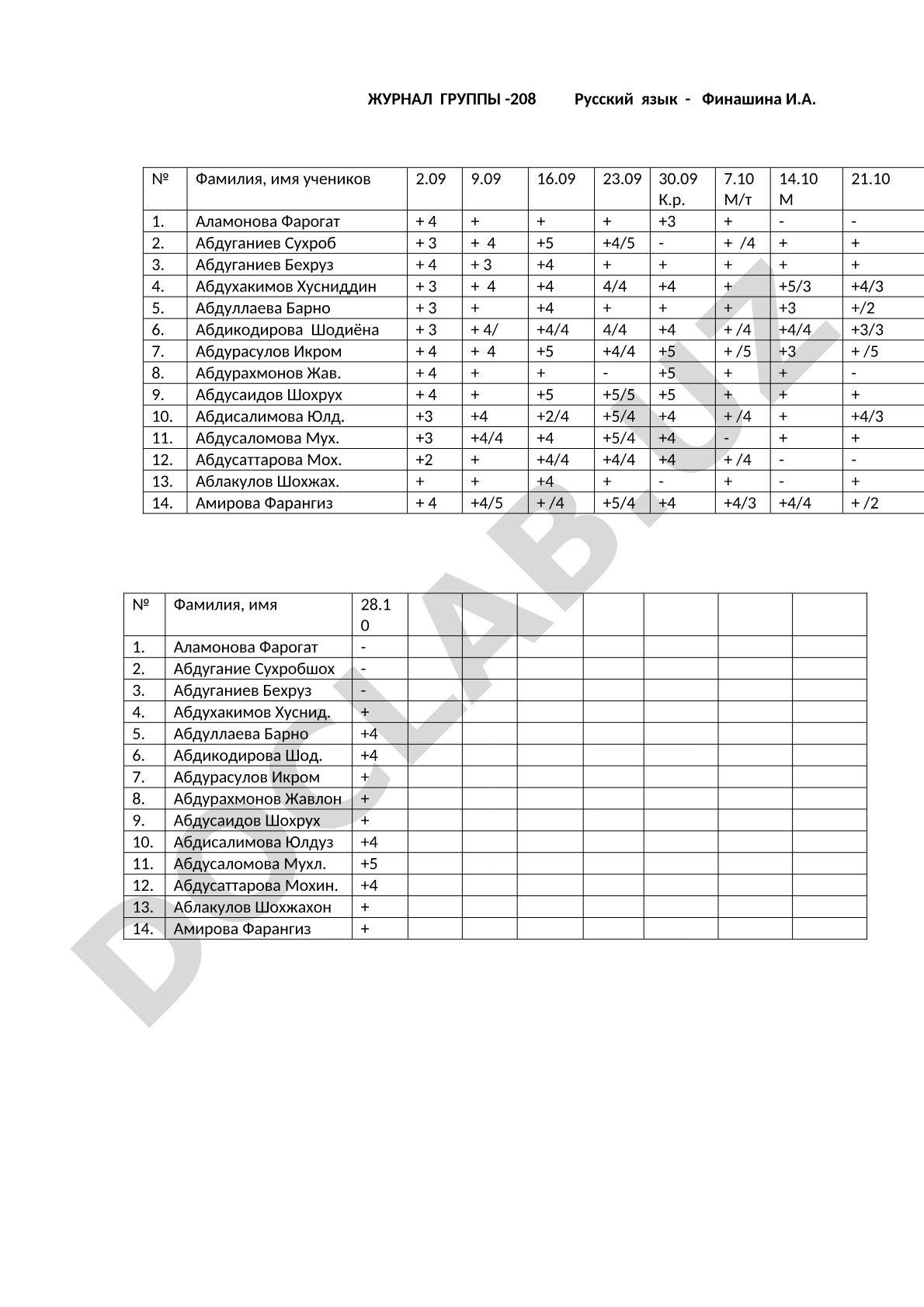 Журнал группы -208 по русскому языку