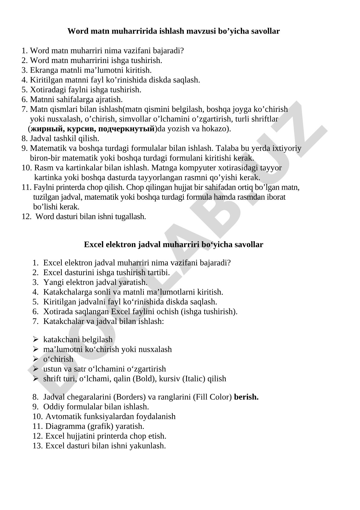Word matn muharririda ishlash mavzusi bo’yicha savollar