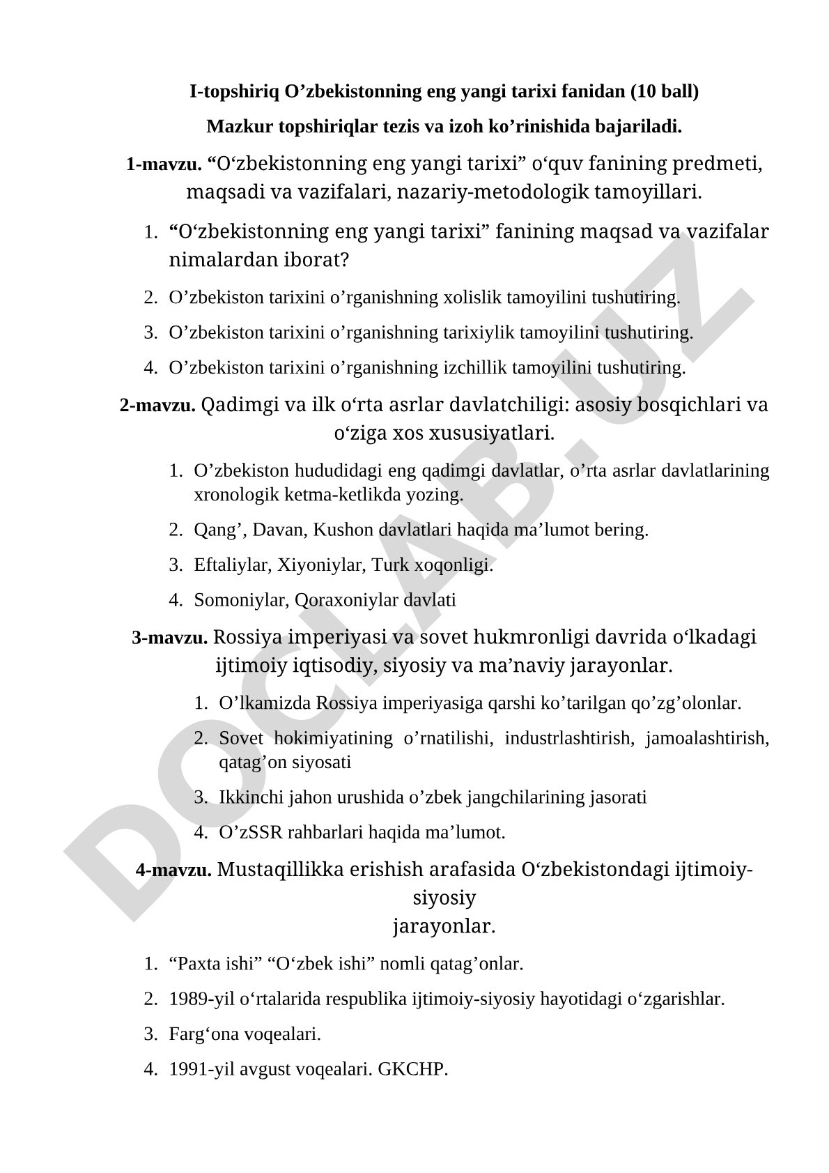 O‘zbekistonning eng yangi tarixi fanidan topshiriqlar