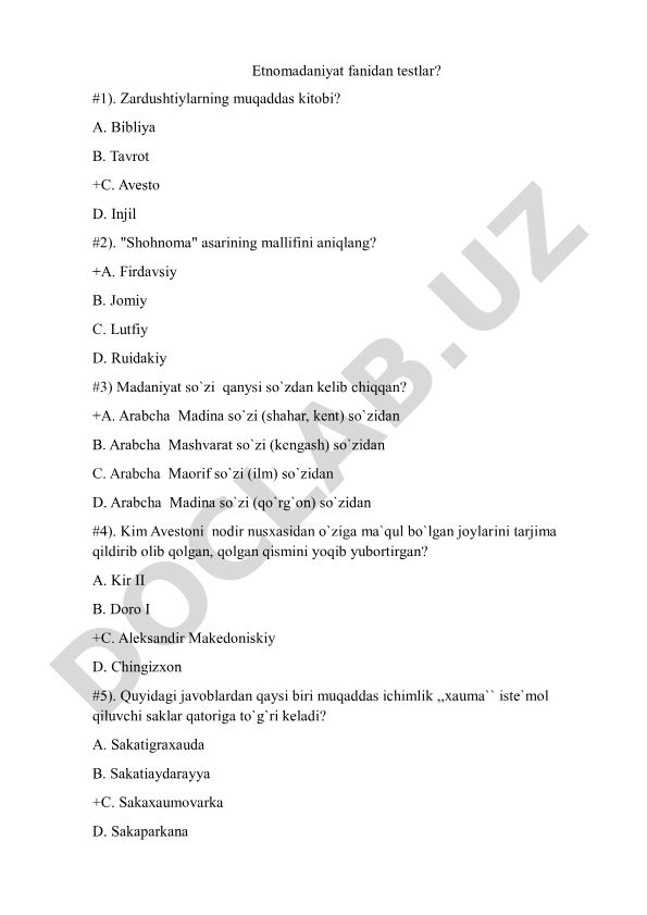 Etnomadaniyat fanidan test savollari va javoblari