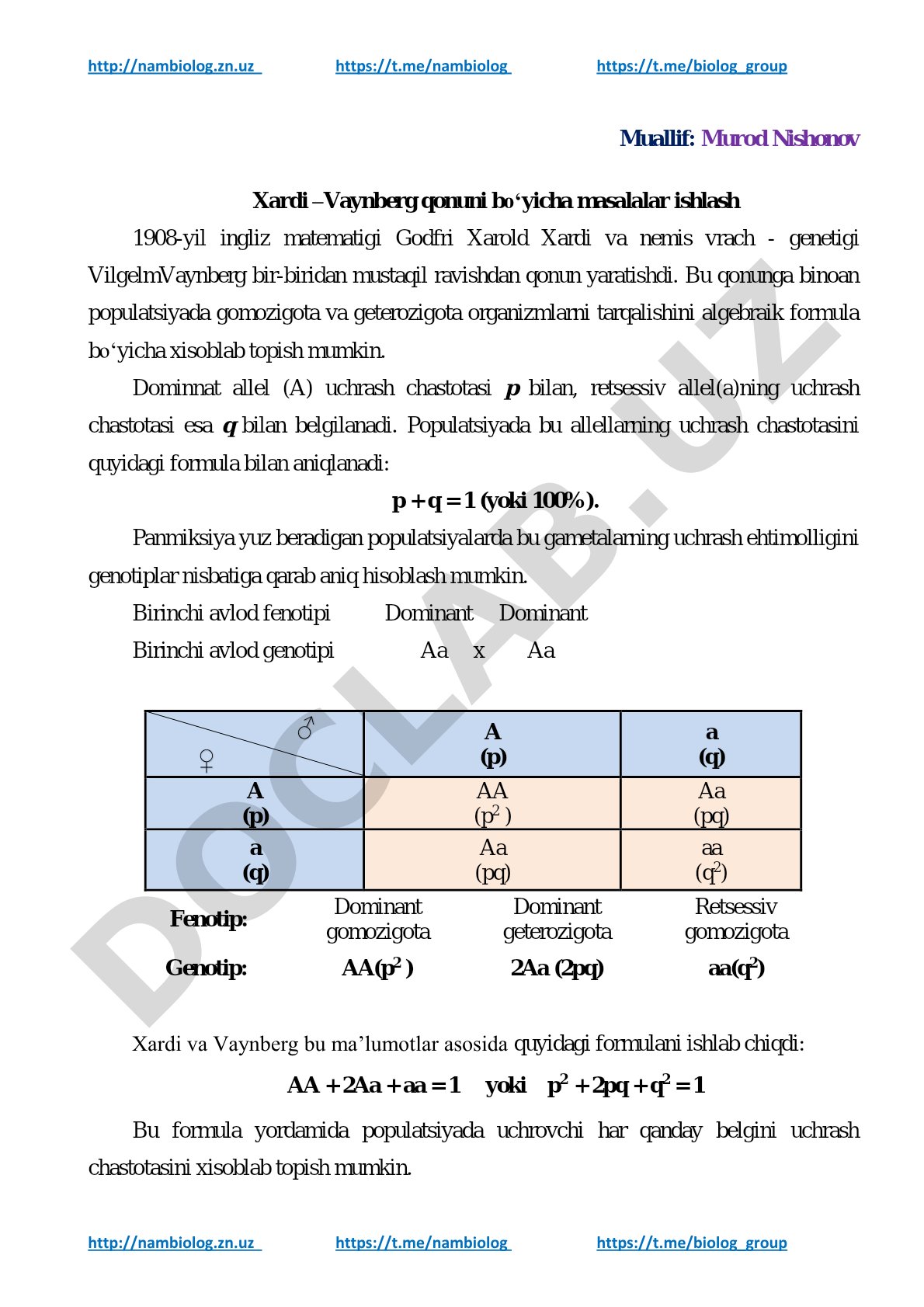 Xardi –Vaynberg qonuni bo‘yicha masalalar ishlash