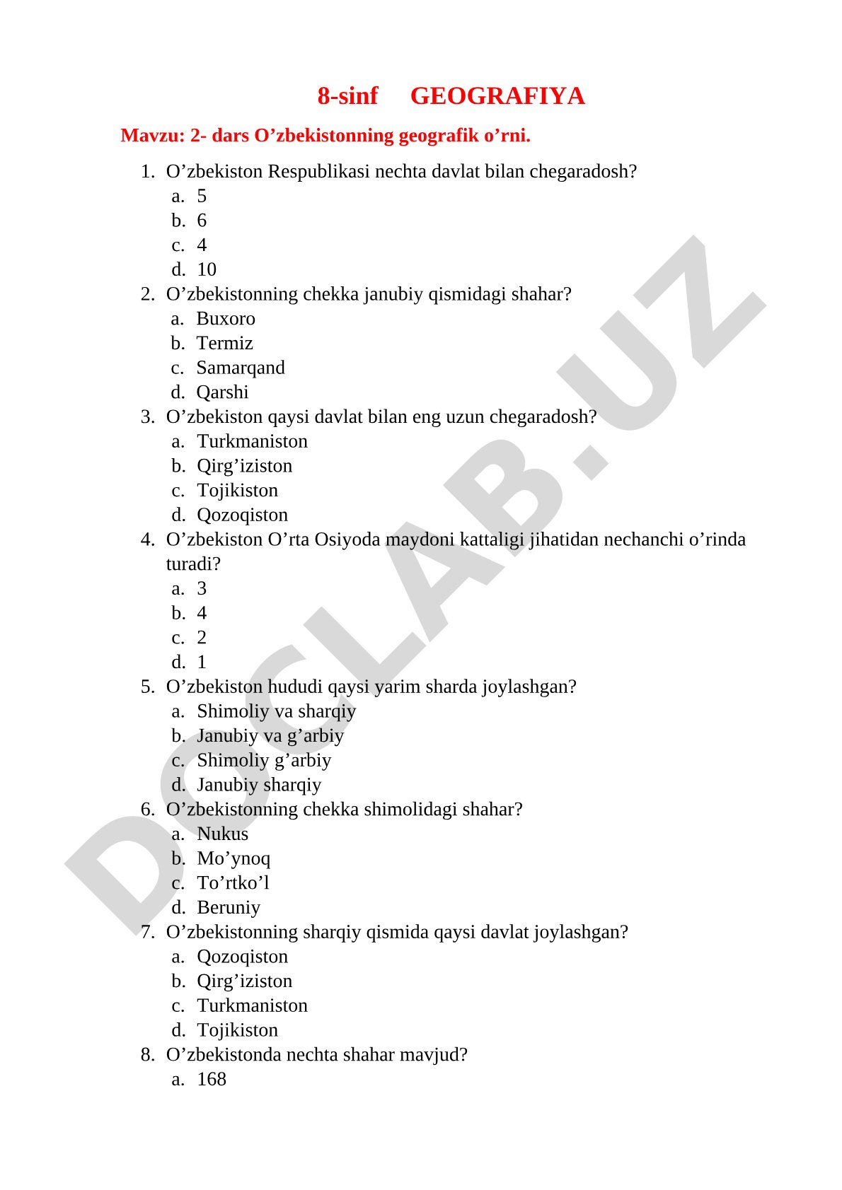 8-sinf geografiya: O‘zbekistonning geografik o‘rni va tabiiy resurslari