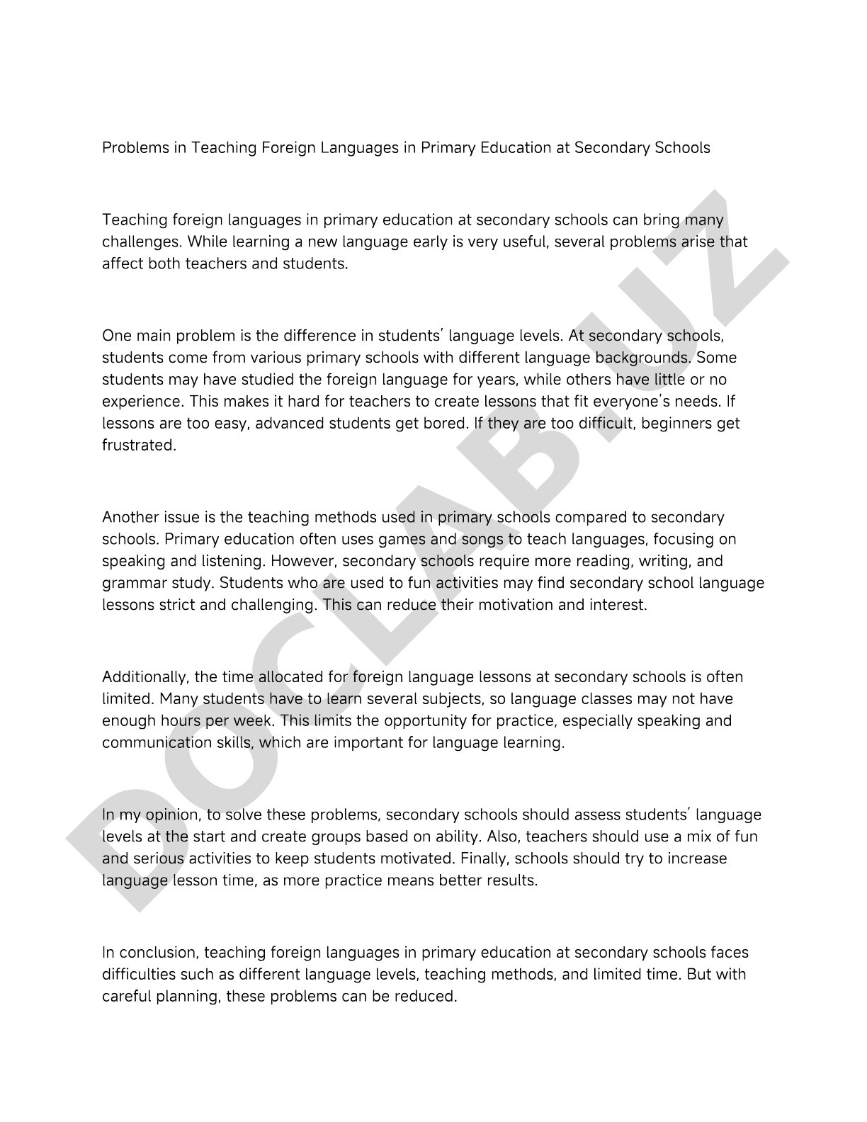 Problems in Teaching Foreign Languages in Primary Education at Secondary Schools