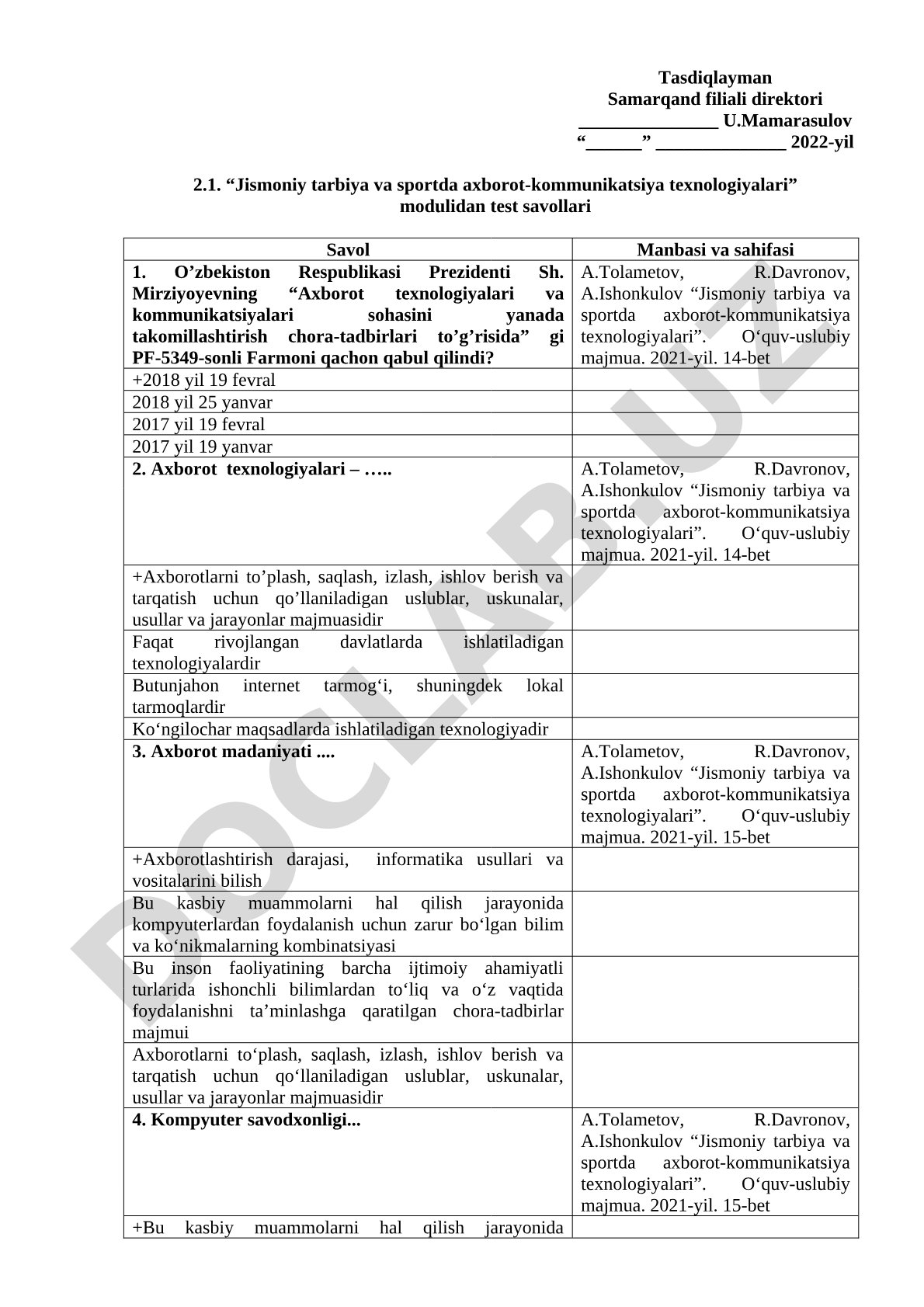 Jismoniy tarbiya va sportda axborot-kommunikatsiya texnologiyalari modulidan test savollari