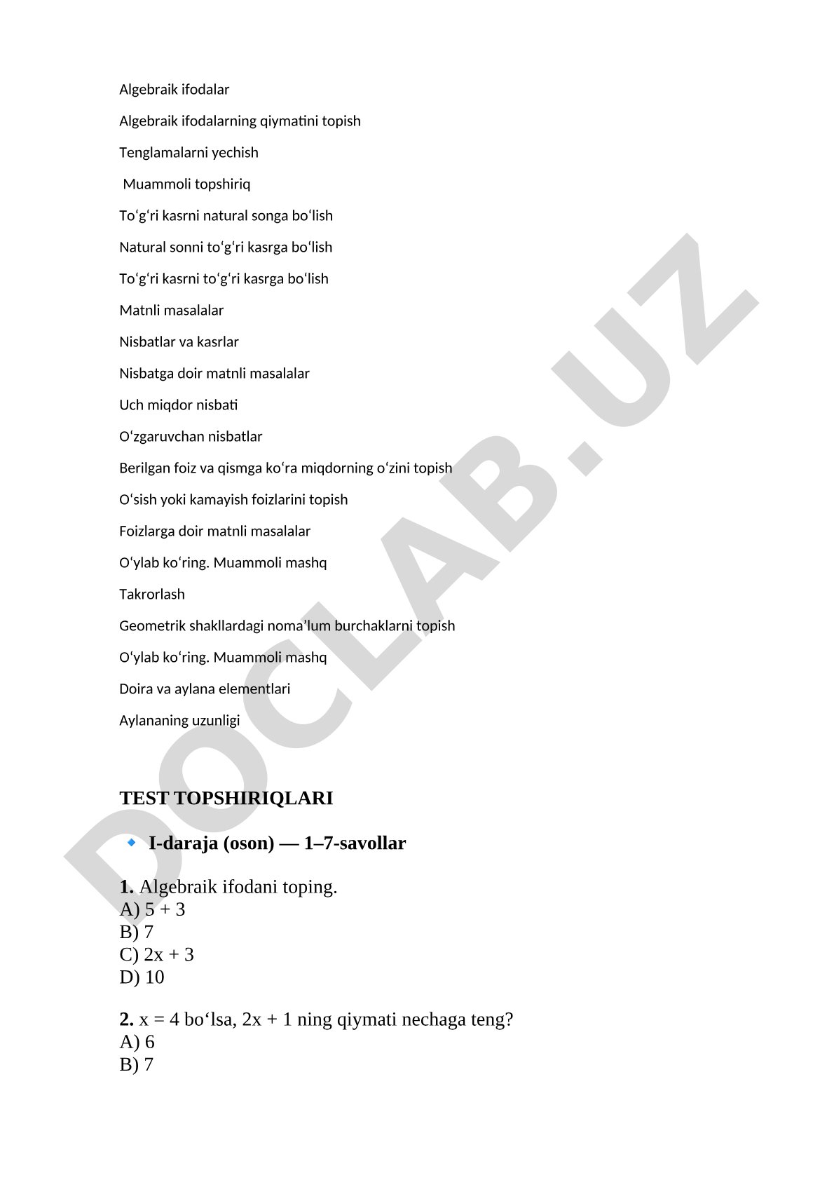 Algebraik ifodalar, kasrlar, foizlar va geometriya bo'yicha test topshiriqlari