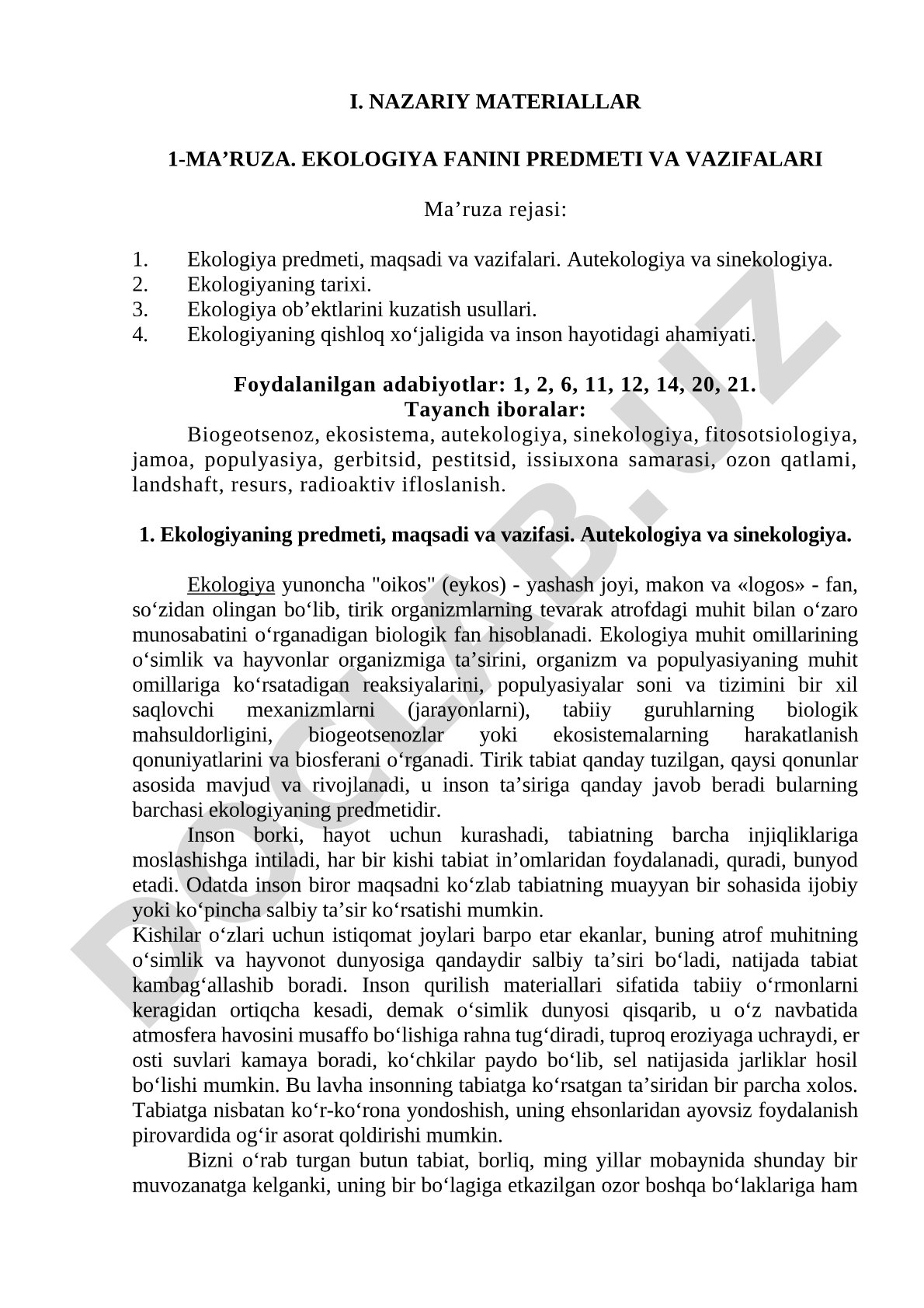 Ekologiya fanini predmeti va vazifalari