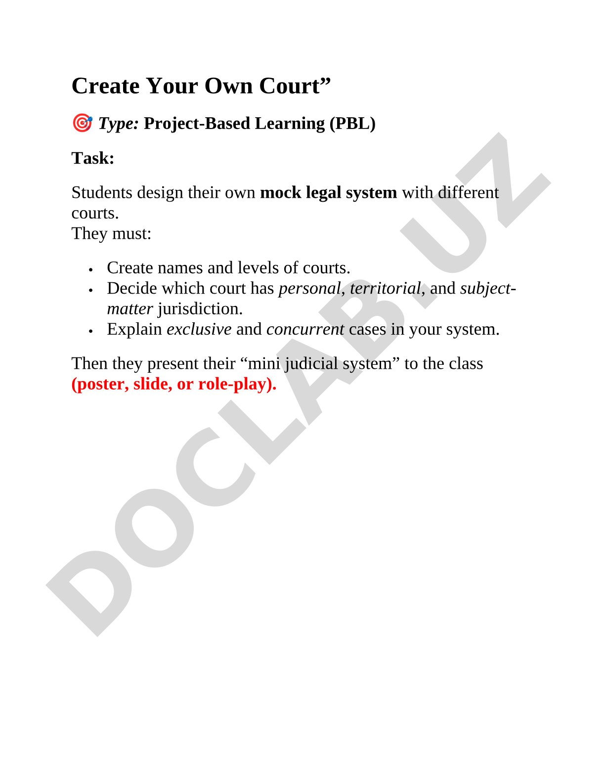 Create Your Own Court: Project-Based Learning Task